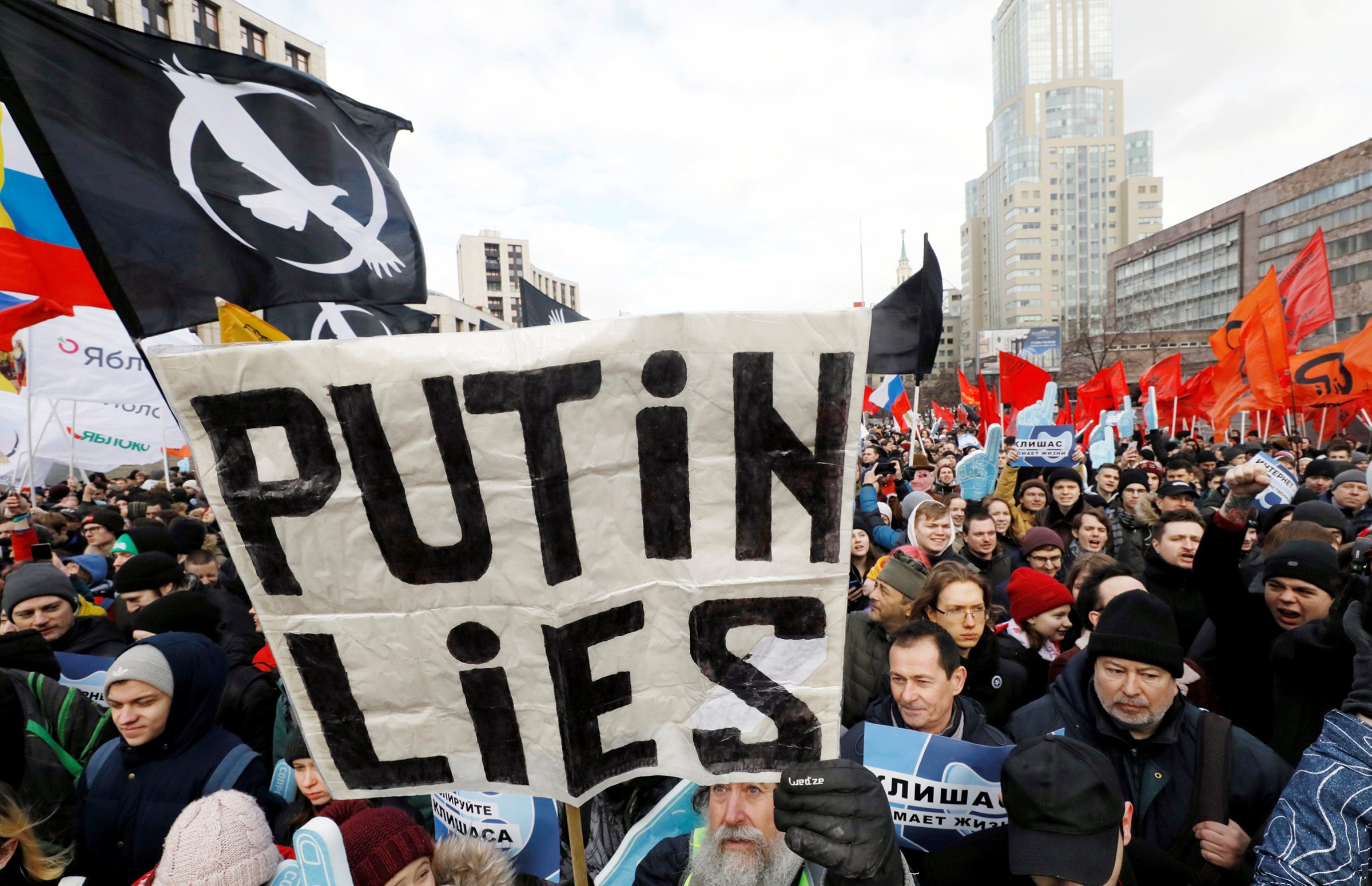 Russians protest against tightening state control over the internet in Moscow on March 10.