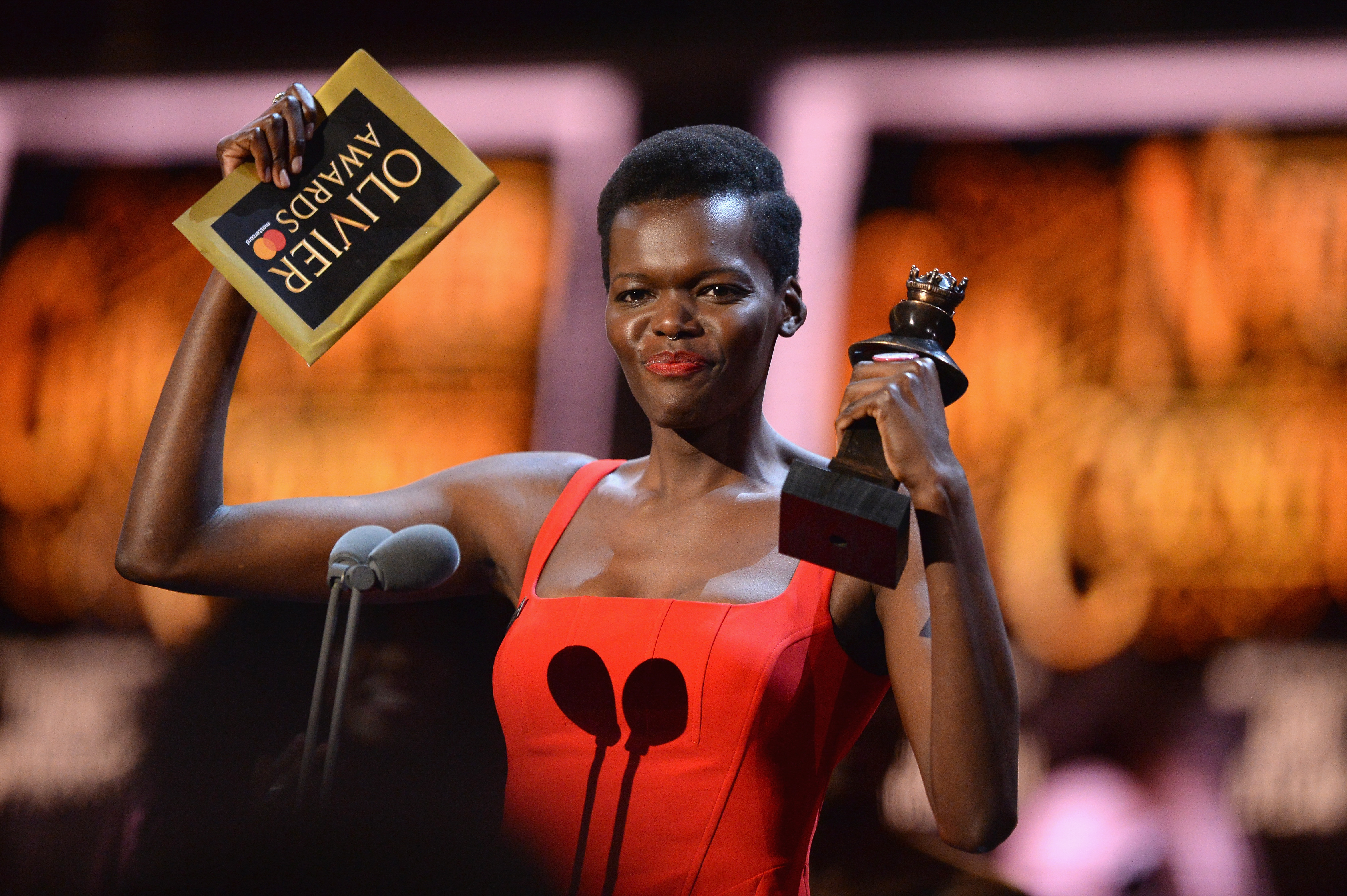 Sheila Atim receives the award for Best Actress In A Supporting Role In A Musical for 'Girl From The North Country' on stage during The Olivier Awards with Mastercard at Royal Albert Hall on April 8, 2018 in London, England. (Jeff Spicer—Getty Images)