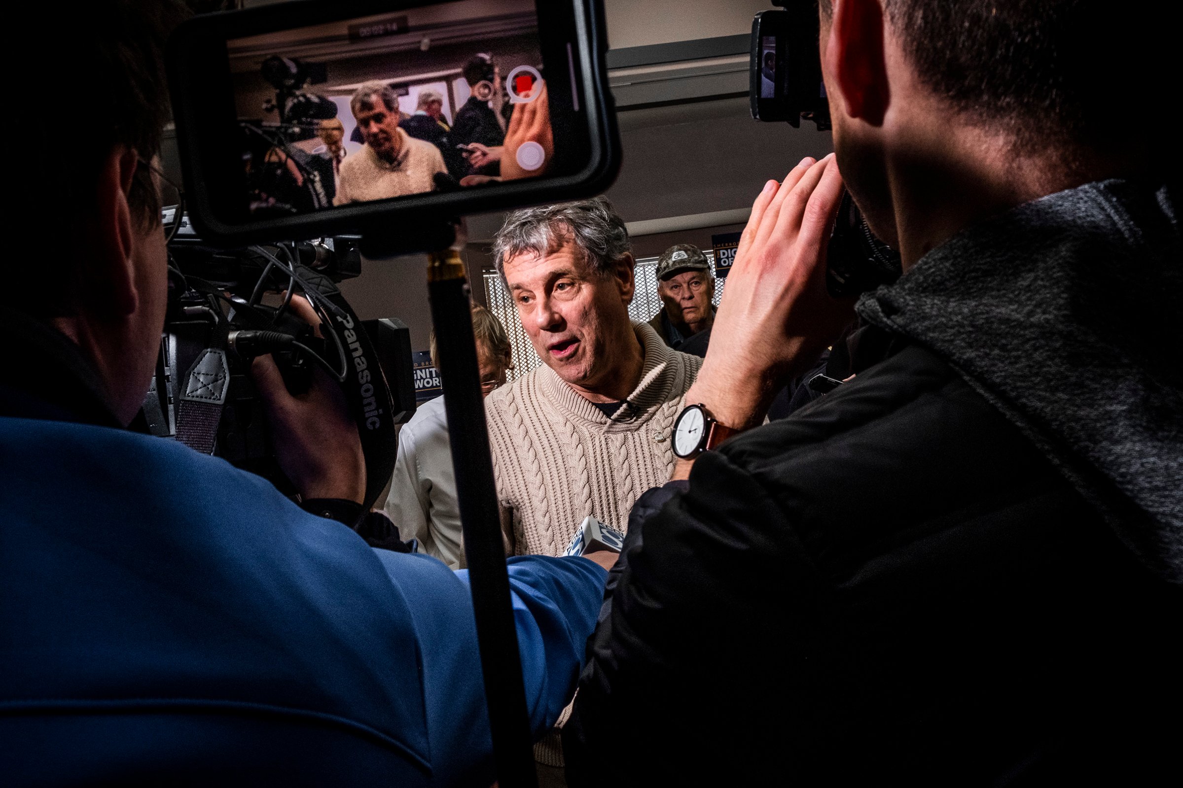Ohio Sen. Sherrod Brown speaks to press during a roundtable with local farmers during his Dignity of Work tou