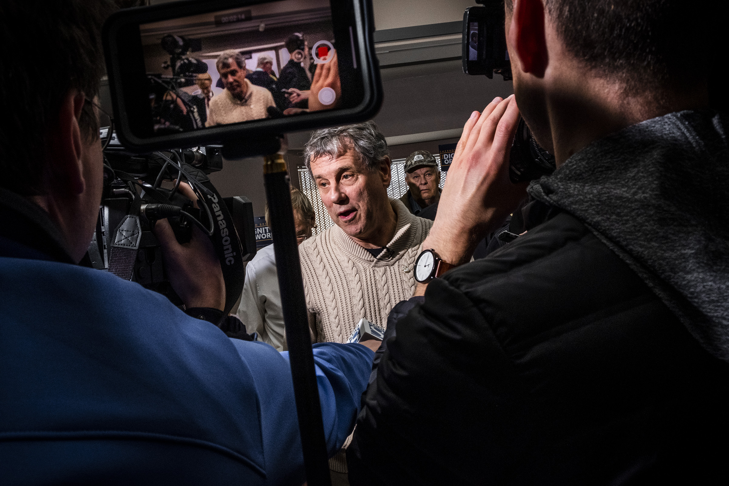 Ohio Sen. Sherrod Brown 
                      speaks to press during a roundtable with local farmers during his Dignity of Work tour, at
                      Perry Public Library in Perry, IA on Feb. 1, 2019. (Devin Yalkin for TIME)