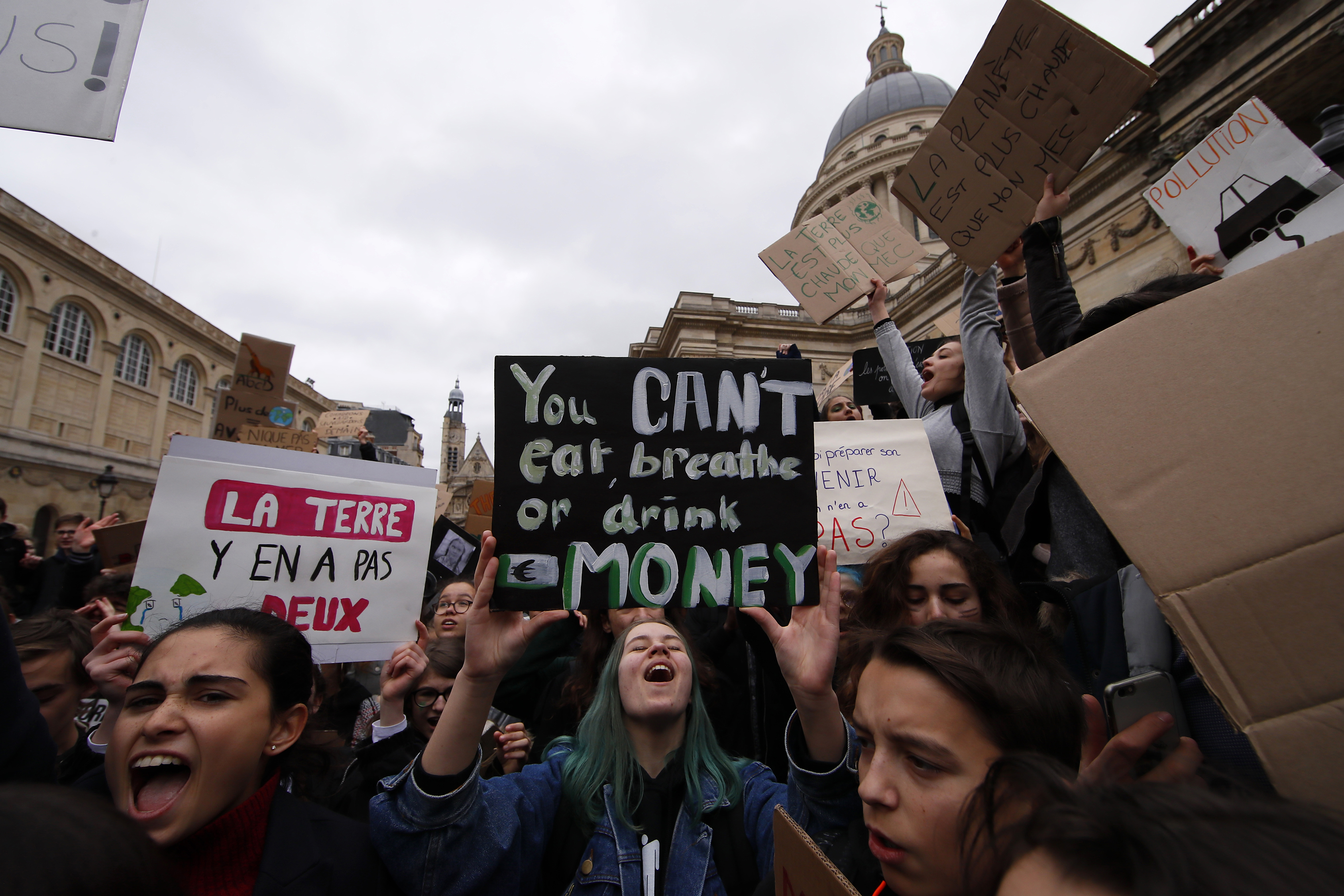 High school students demonstrate outside the Pantheon monument in on March 15, 2019. Students worldwide are skipping class to take to the streets to protest their governments' failure to take sufficient action against global warming. (Francois Mori—AP)