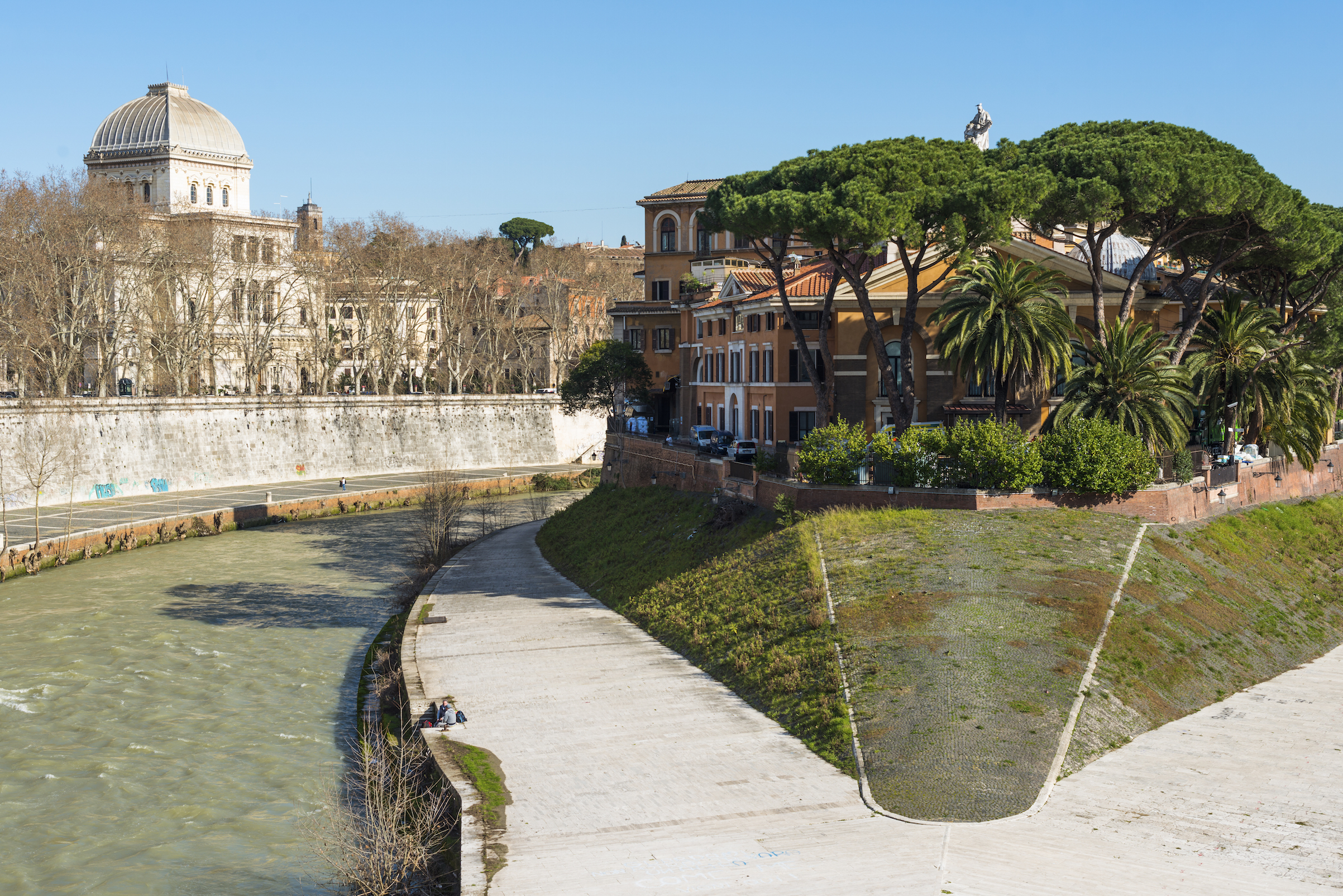 In the middle of Rome's Tiber River is the small island, Isola Tiberina. Fatebenefratelli Hospital is seen on the on western side and a synagogue on left. 2018. (Education Images/UIG/Getty Images)