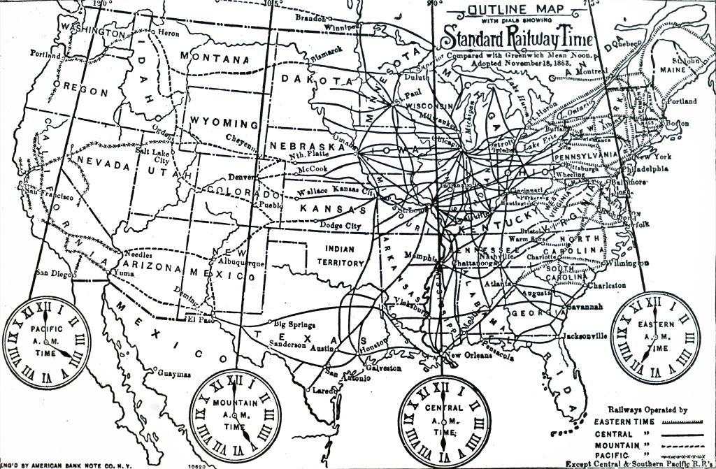 Map of time zones into which the US was divided after the adoption of Standard Time on 18th November 1883. Dated 19th century. (Universal History Archive—UIG/Getty Images)