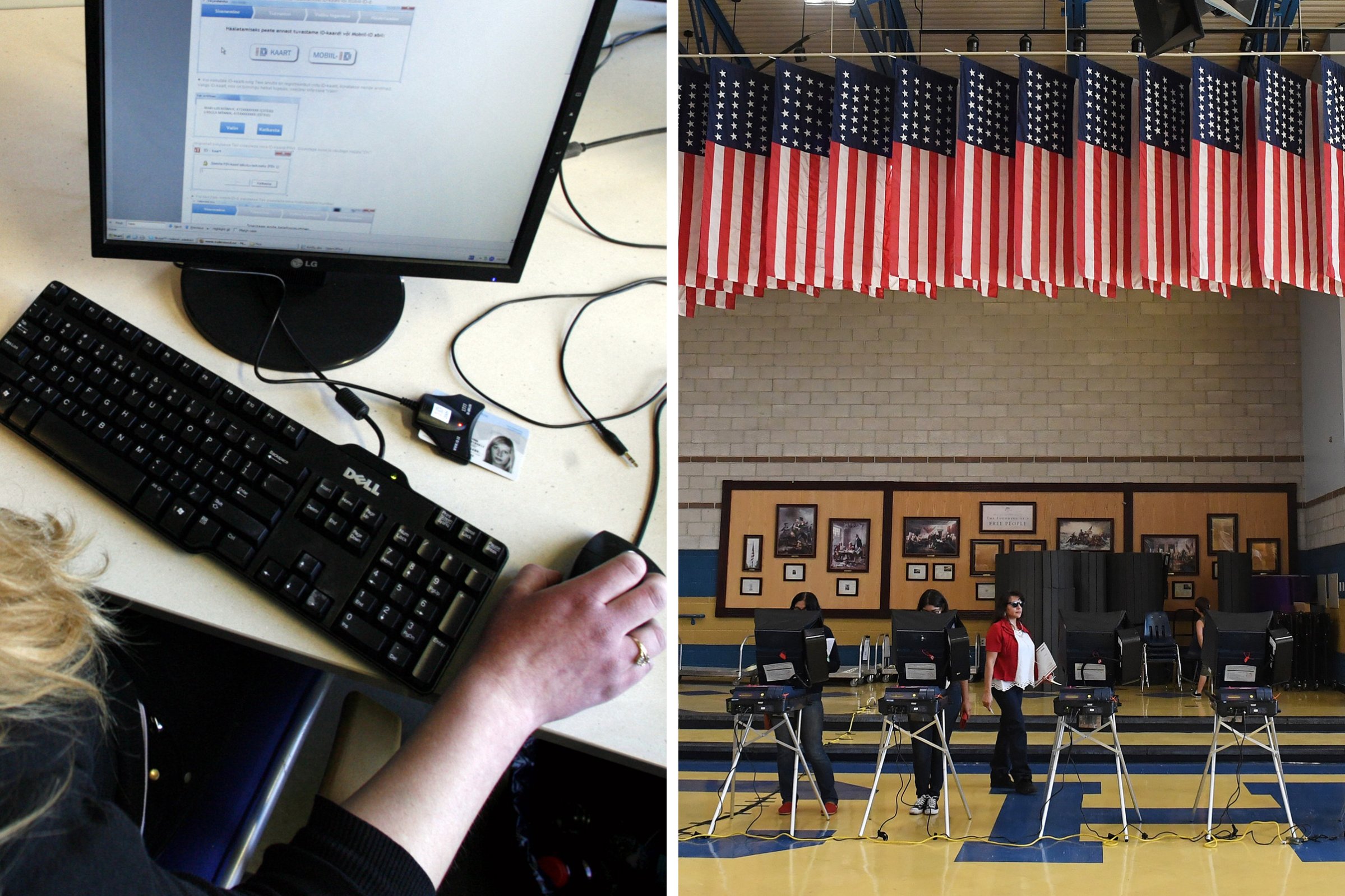 Left: A woman sits in front of a computer to vote in the Estonian general election in Tallinn on Feb 28, 2011; Right: Voters cast their ballots at voting machines at Cheyenne High School on Election Day in North Las Vegas, on Nov. 8, 2016.