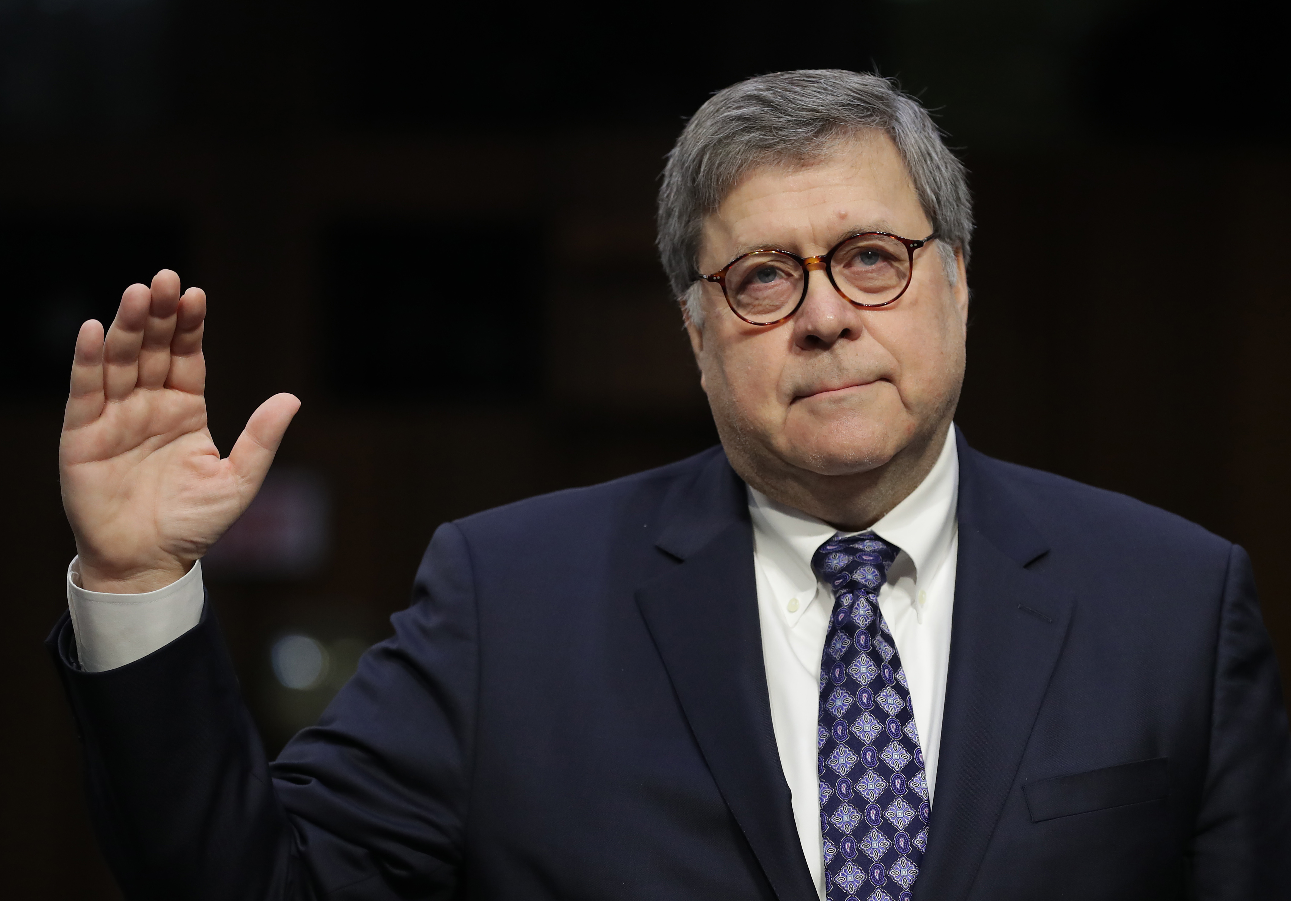 U.S. Attorney General William Barr is sworn in prior to testifying at his confirmation hearing before the Senate Judiciary Committee Jan. 15, 2019 in Washington, DC. (Chip Somodevilla—Getty Images)