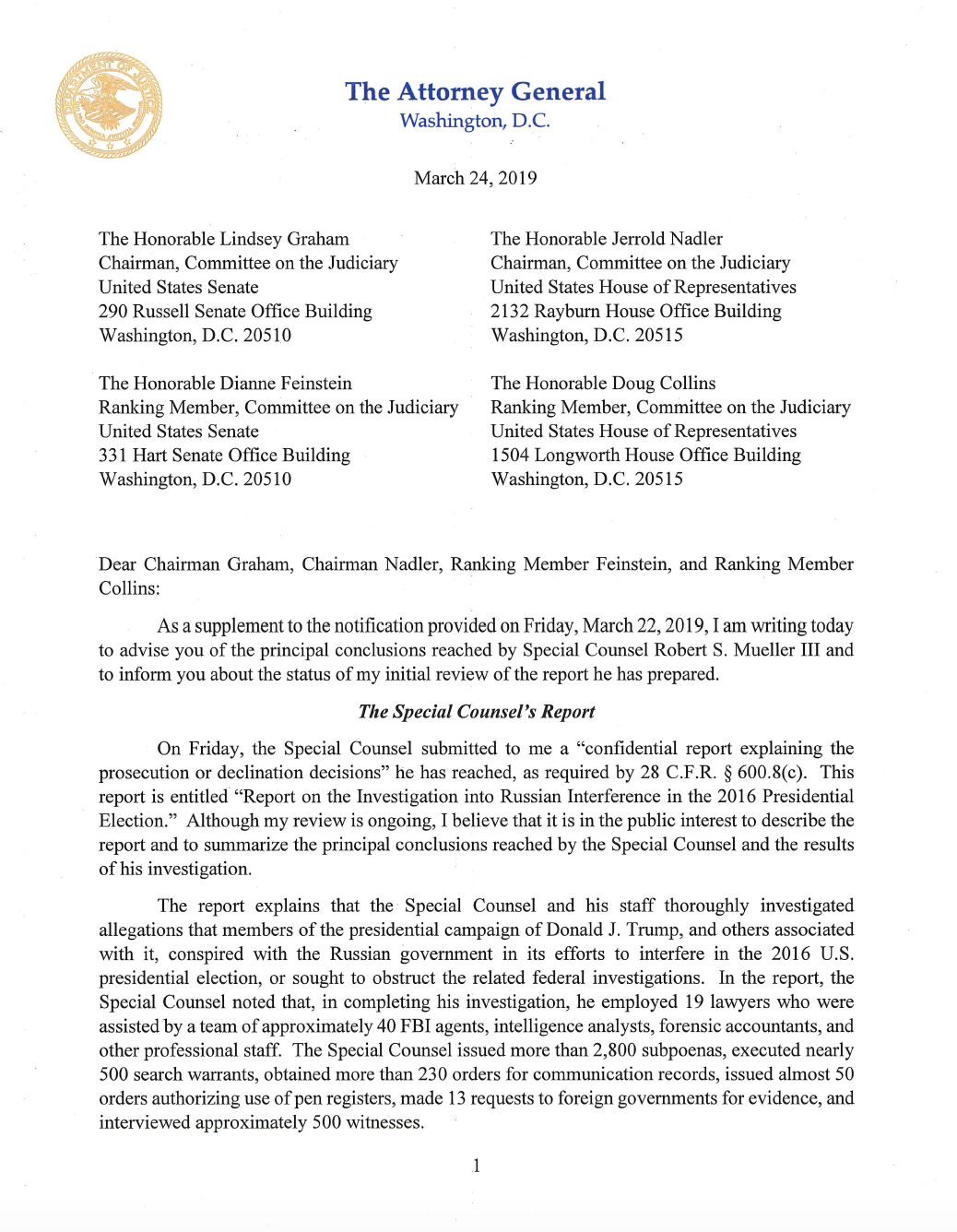 Page 1 of Attorney General William Barr's letter to Congress on Special Counsel Robert Mueller's report. (Department of Justice)