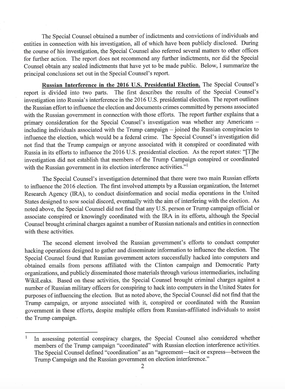 Page 2 of Attorney General William Barr's letter to Congress on Special Counsel Robert Mueller's report. (Department of Justice)