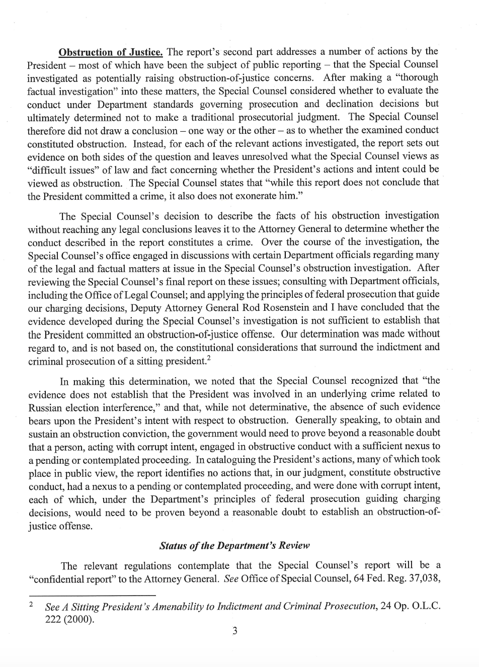 Page 3 of Attorney General William Barr's letter to Congress on Special Counsel Robert Mueller's report. (Department of Justice)
