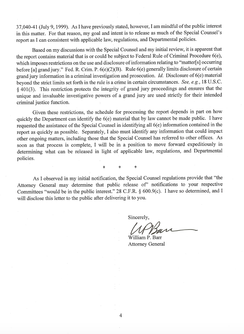 Page 4 of Attorney General William Barr's letter to Congress on Special Counsel Robert Mueller's report. (Department of Justice)
