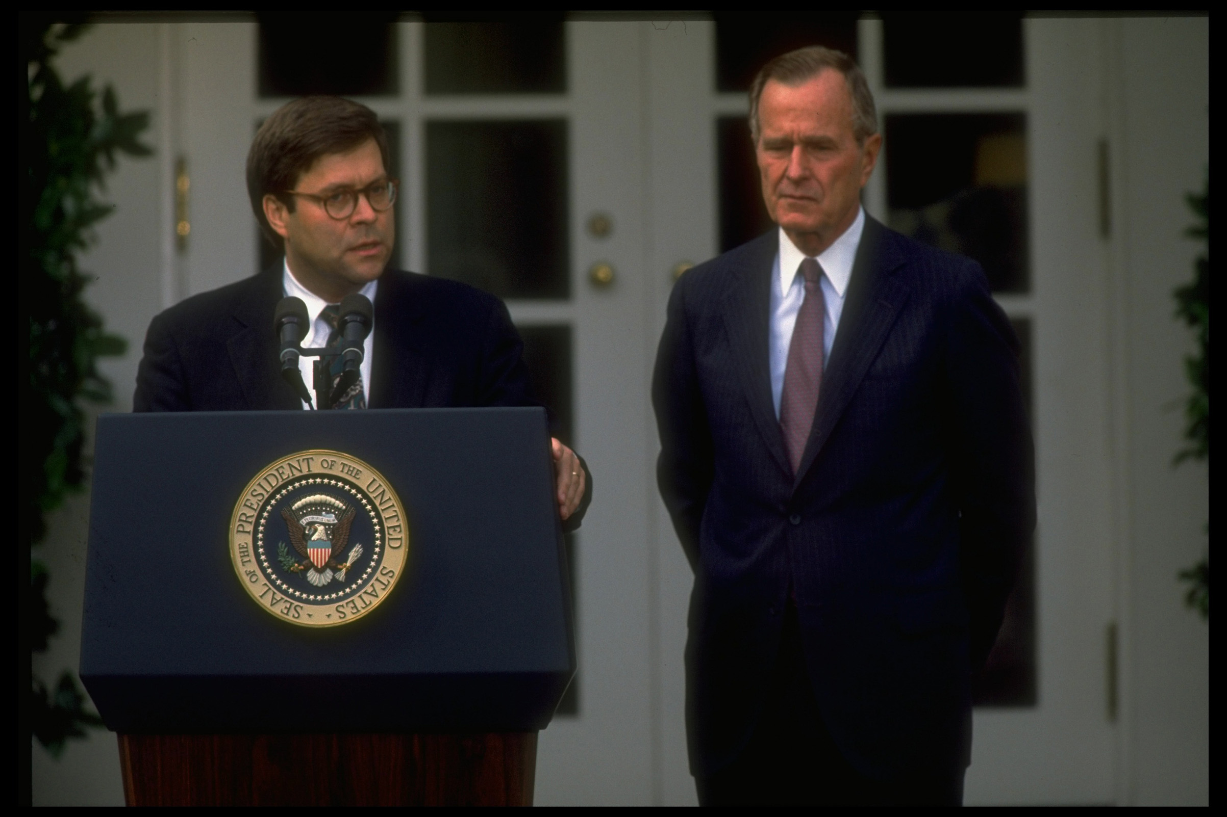 Barr joins President George H.W. Bush for the announcement of his nomination as AG in 1991 (Dirck Halstead—TIME-LIFE Images Collection/Getty Images)