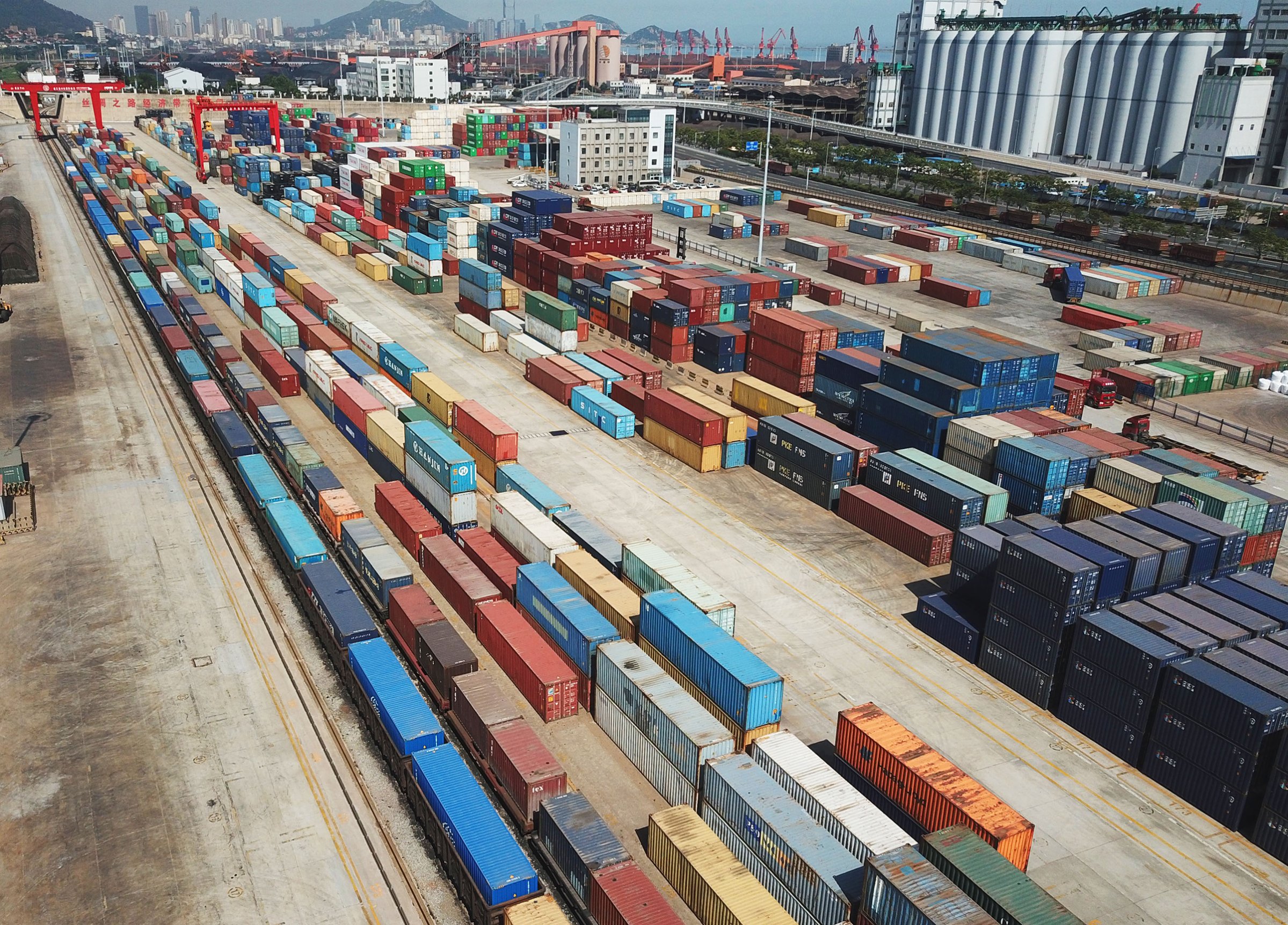 Shipping containers at the China-Kazakhstan logistics terminal on May 31, 2018 in Lianyungang, Jiangsu Province of China.