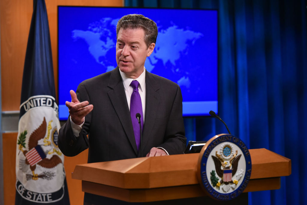 Ambassador at Large for International Religious Freedom Sam Brownback on the release of the 2017 Annual Report on International Religious Freedom in the Press Briefing Room at the US Department of State in Washington, DC on May 29, 2018. (MANDEL NGAN&mdash;AFP/Getty Images)