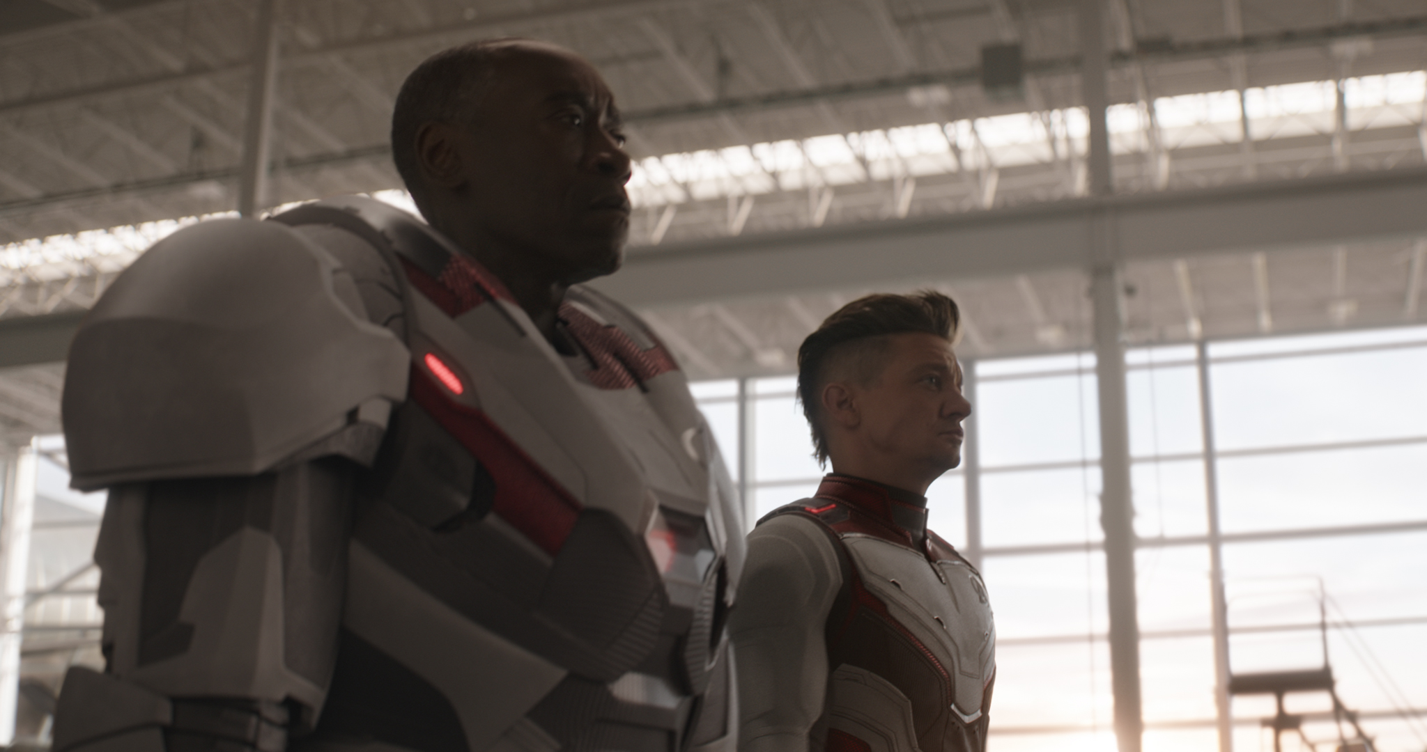 Still from 'Avengers: Endgame' featuring War Machine/James Rhodey (Don Cheadle) and Hawkeye/Clint Barton (Jeremy Renner). (Film Frame—Marvel Studios 2019)