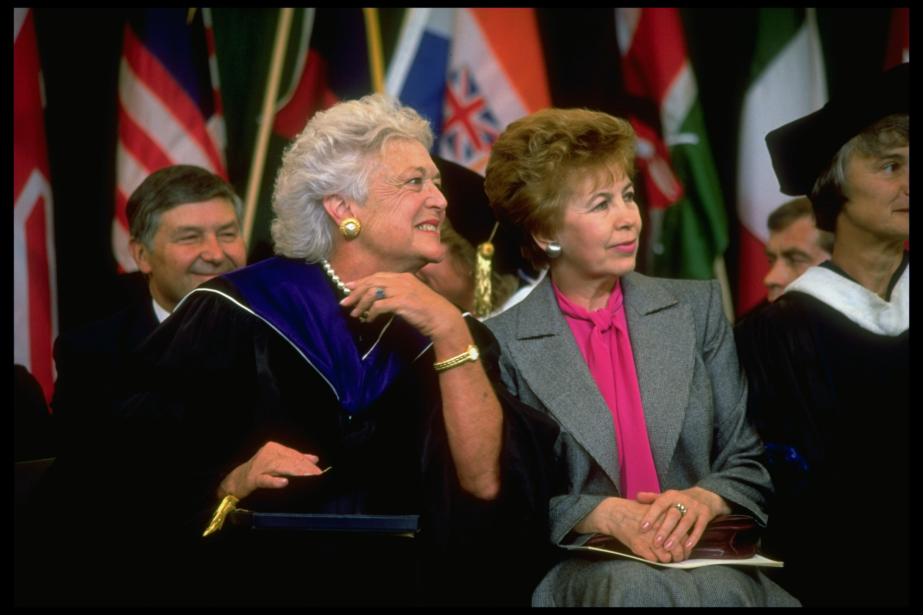Barbara Bush and Raisa Gorbachev at Wellesley College graduation exercises in 1990. (Cynthia Johnson—The LIFE Images Collection/Getty)