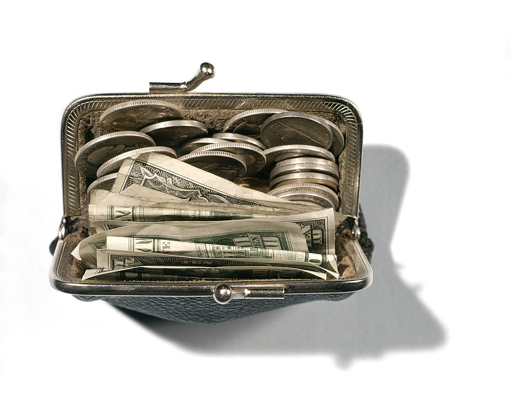 Change purse with bills and coins