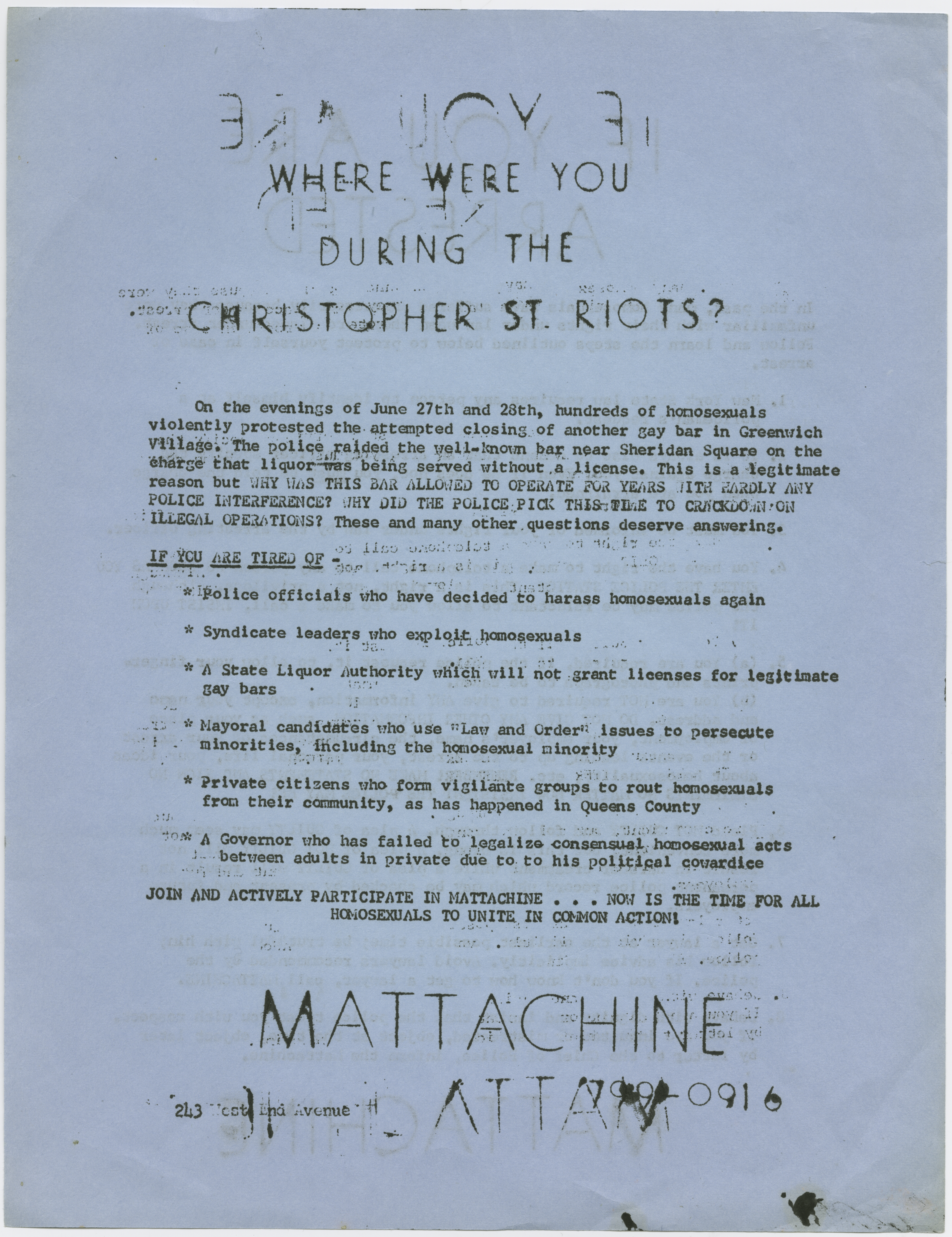Mattachine Society, Inc. of New York. "Where were you during the Christopher Street Riots?" (Mattachine Society, Inc. of New York / Records Manuscripts and Archives Division / The New York Public Library)