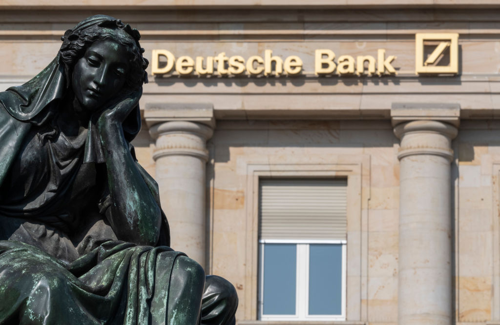 A sculpture is seen in front of a Deutsche Bank branch in Frankfurt, Germany on April 15, 2019. (Boris Roessler—Picture Alliance/Getty Image)