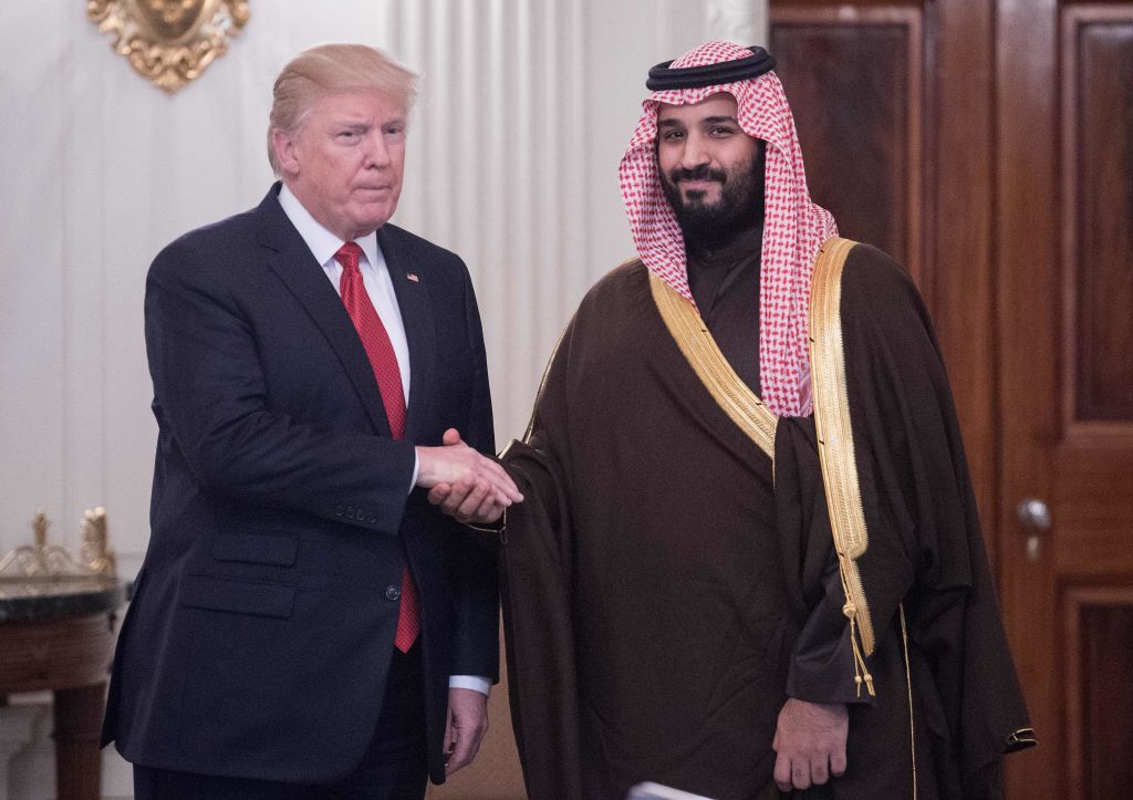 President Donald Trump and Saudi Crown Prince and Defense Minister Mohammed bin Salman shake hands before lunch at the White House in Washington, DC, on March 14, 2017. (Nicholas Kamm&mdash;AFP/Getty Images)