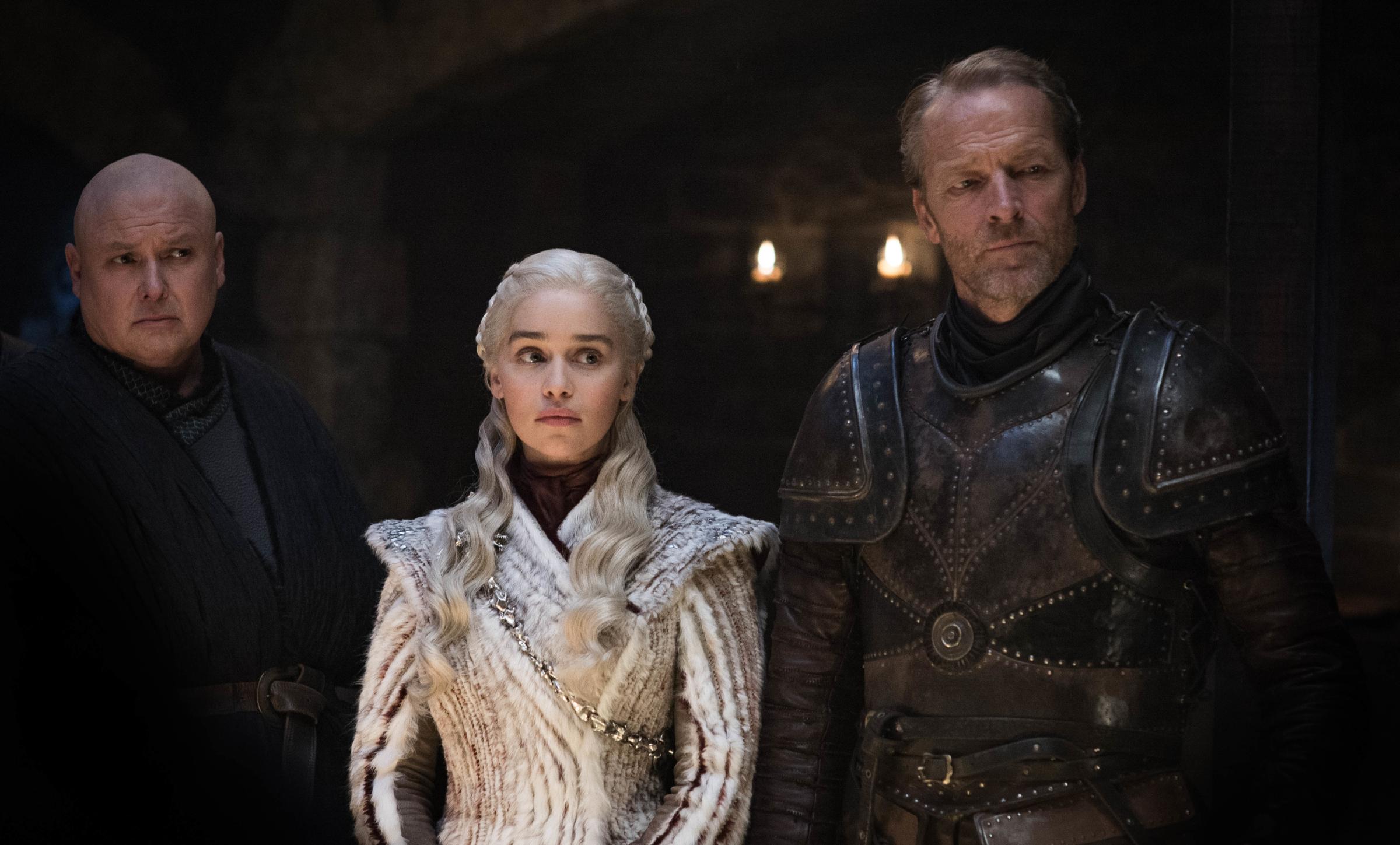 Conleth Hill as Varys, Emilia Clarke as Daenerys Targaryen, and Iain Glen as Jorah Mormont in 'Game of Thrones.'