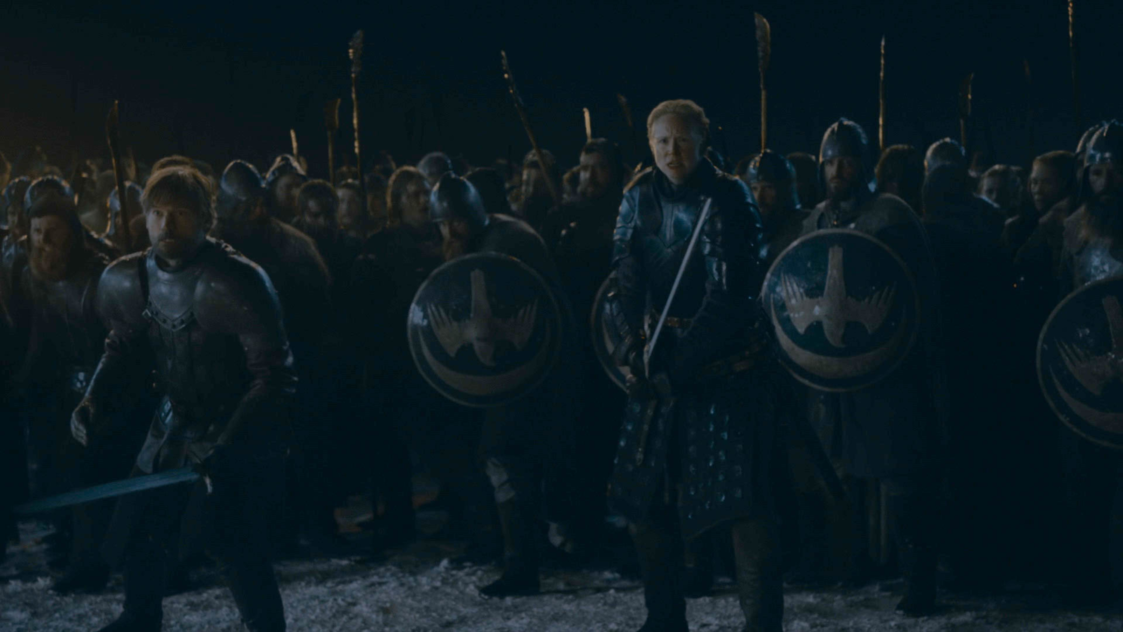 Nikolaj Coster-Waldau as Jaime Lannister and Gwendoline Christie as Brienne of Tarth on the frontlines at the Battle of Winterfell (HBO)