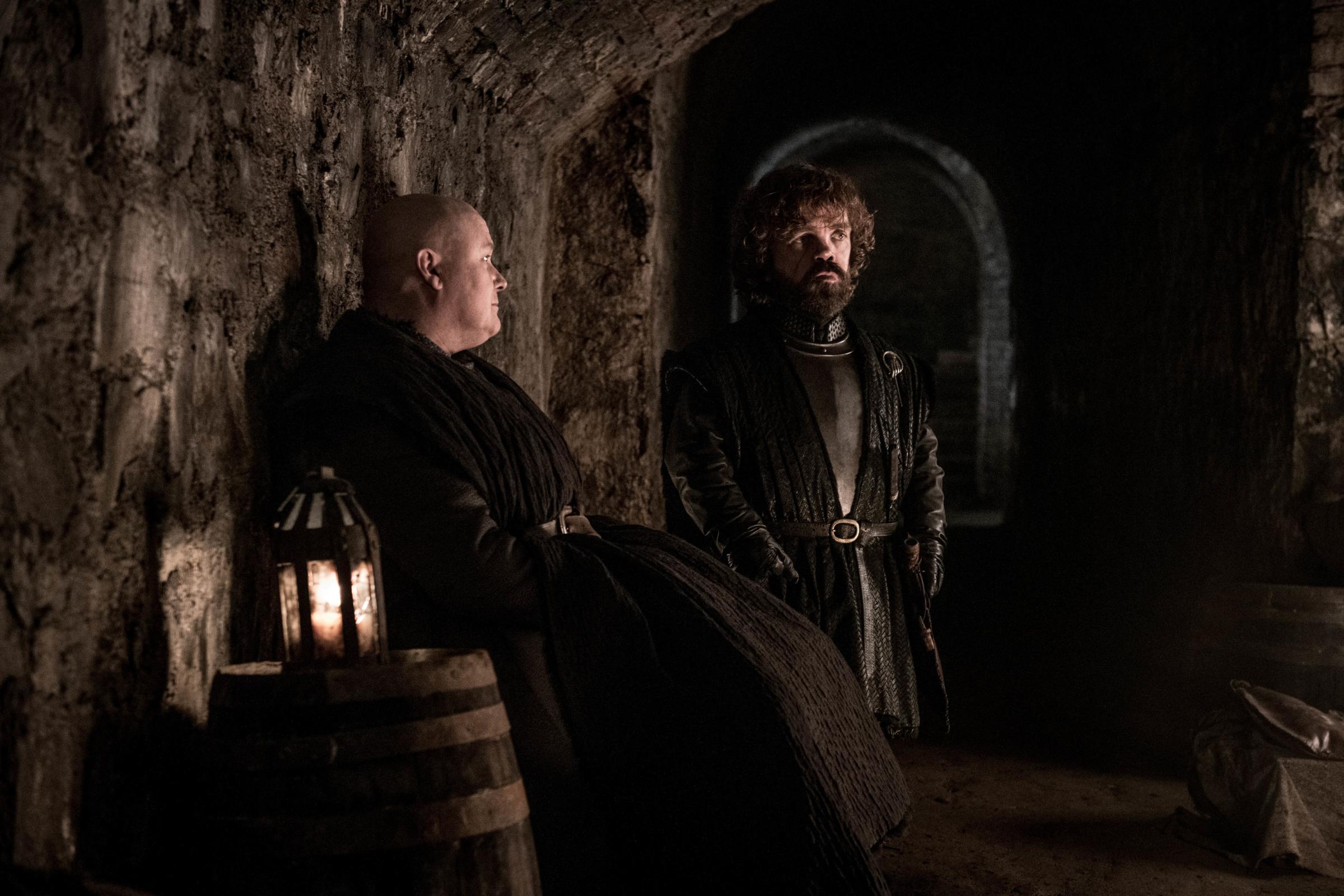 Conleth Hill as Varys and Peter Dinklage as Tyrion Lannister.