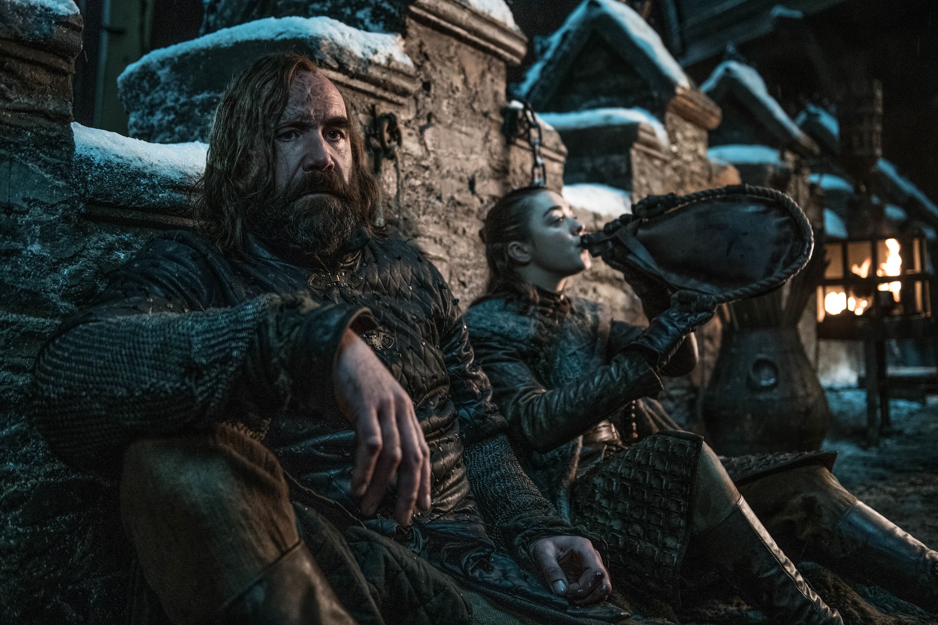 Arya and The Hound sharer a moment in Game fo Thrones season 8 episode 3. (Helen Sloan/HBO)