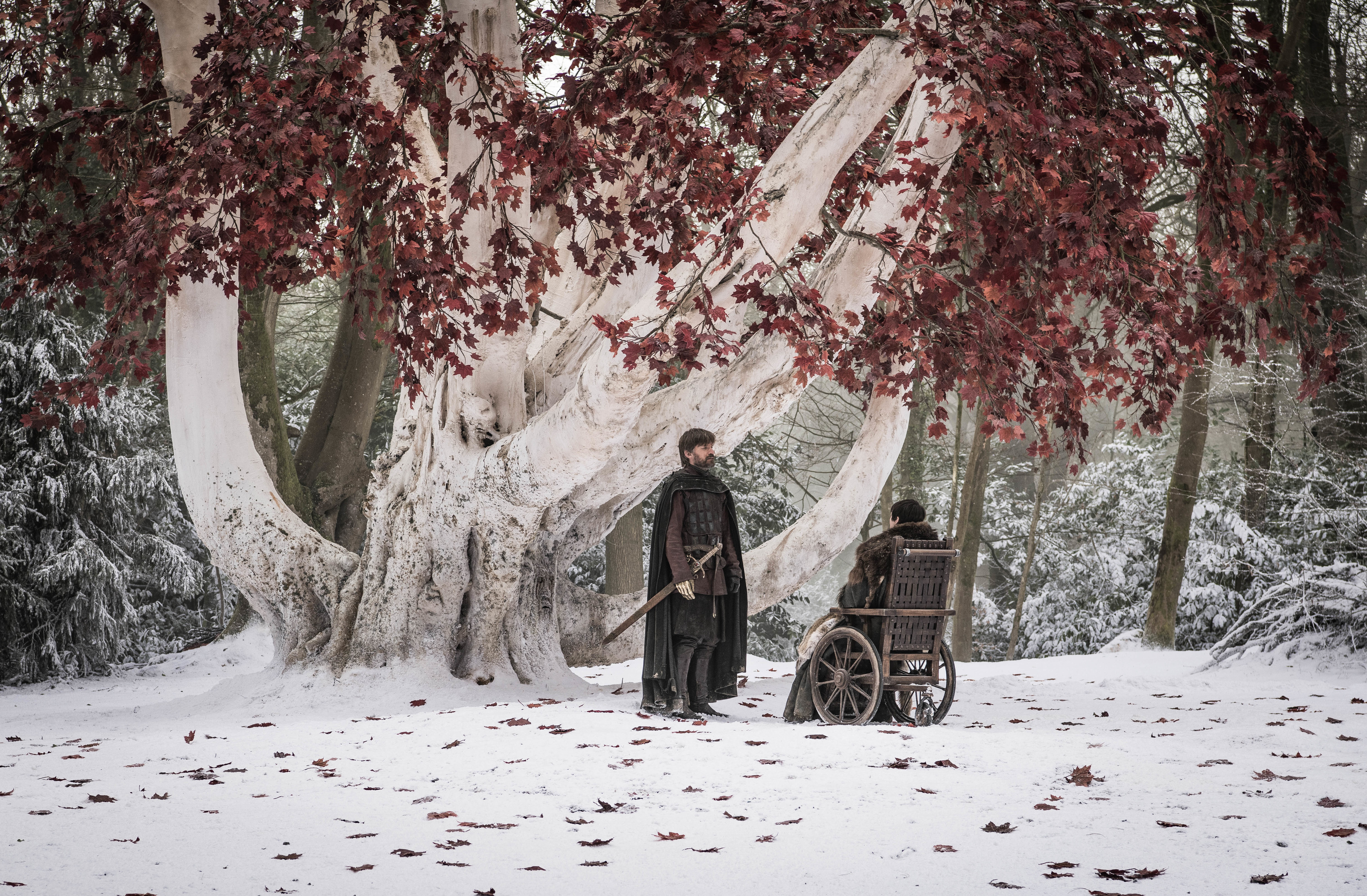 Jaime and Bran finally talk in the godswood on Game of Thrones. (Helen Sloan/HBO)