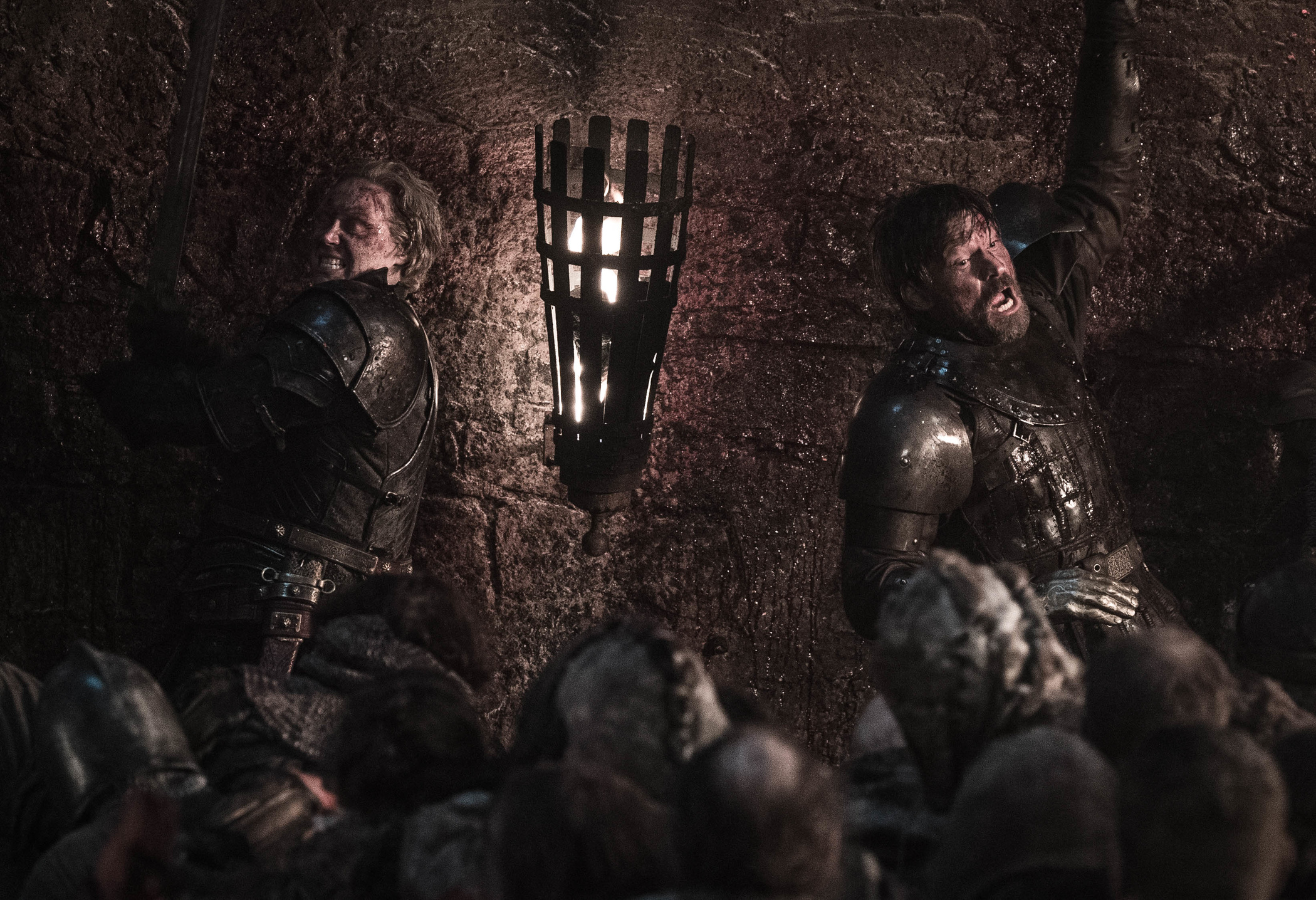 Brienne of Tarth and Jaime Lannister battling during "The Long Night," the third episode of Game of Thrones' eighth season. (Helen Sloan—HBO)