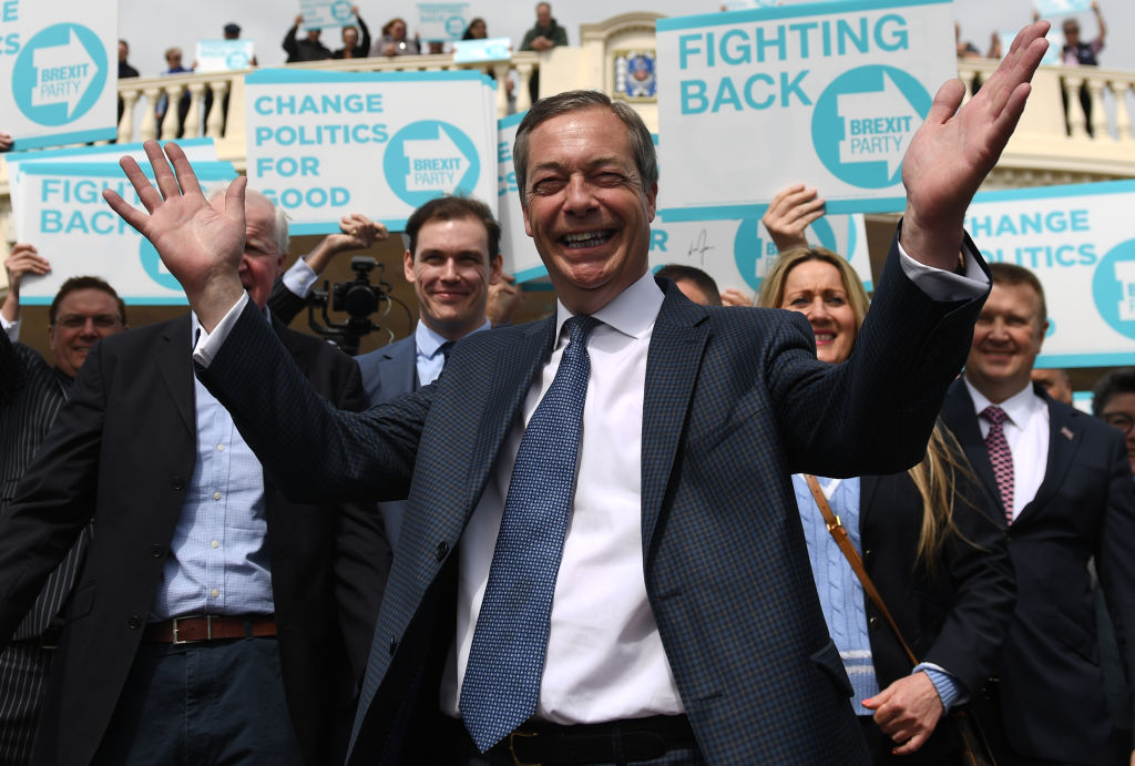 Nigel Farage during a walkabout and rally in Clacton, Essex, for his Brexit Party (Joe Giddens—PA Images via Getty Images)