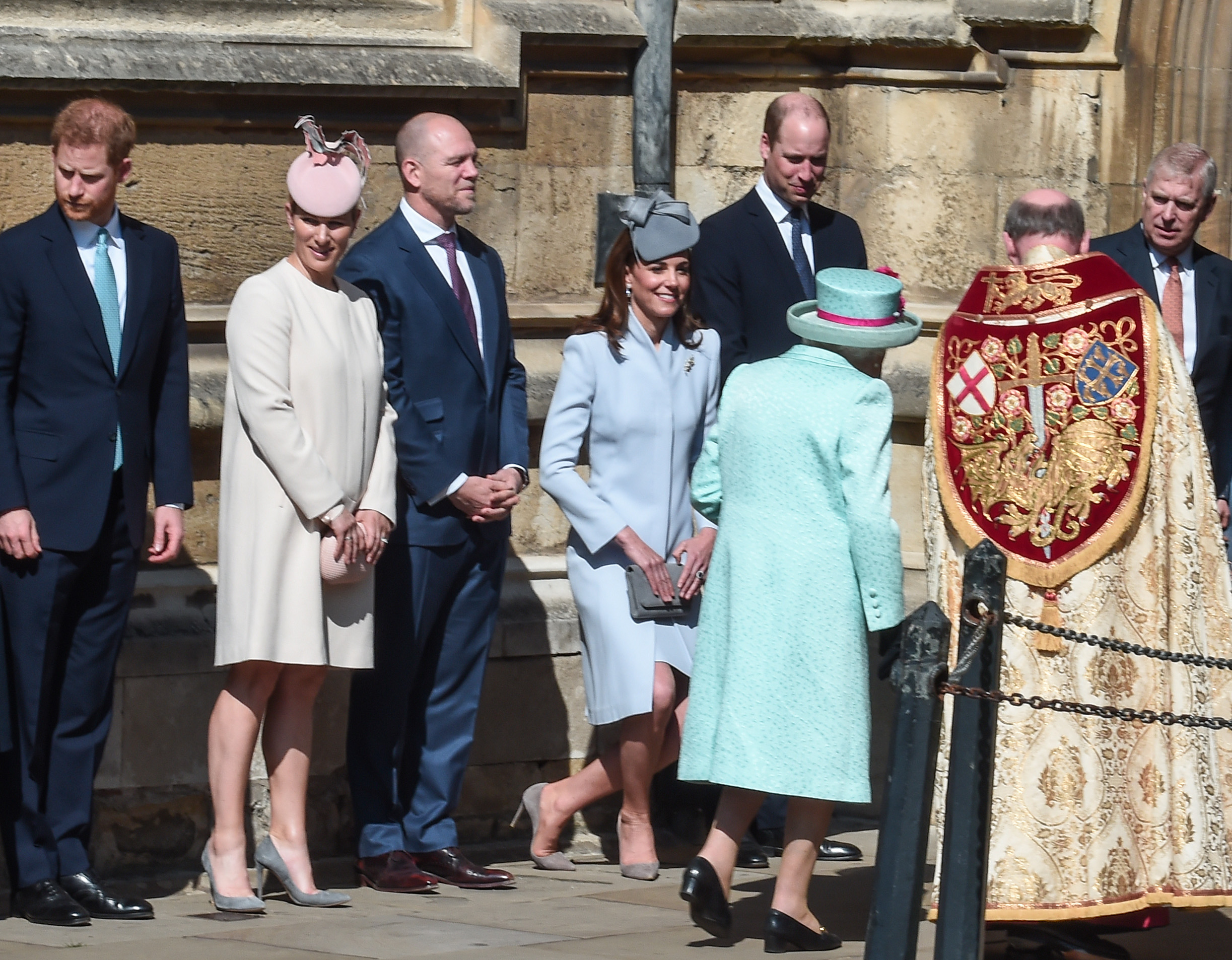 WINDSOR, ENGLAND - APRIL 21: (L-R) Prince Harry, Duke of Sussex, Zara Tindall, Mike Tindall, Catherine, Duchess of Cambridge and Prince William, Duke of Cambridge greet Queen Elizabeth II as she arrives for the Easter Sunday service at St George's Chapel on April 21, 2019 in Windsor, England. (Photo by Eamonn M. McCormack/Getty Images) (Eamonn M. McCormack—Getty Images)