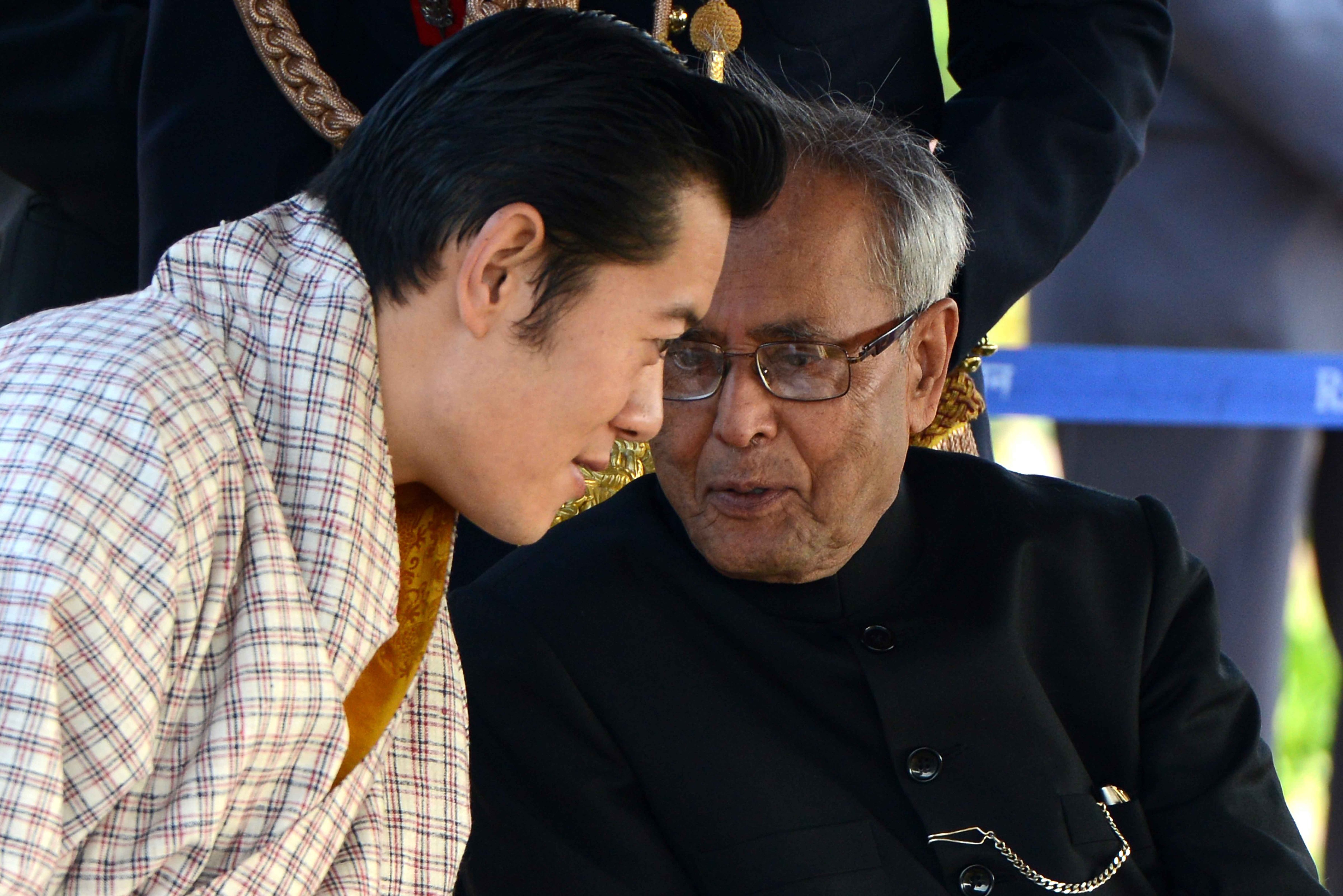 President Pranab Mukherjee with Chief Guest King of Bhutan, Jigme Kheser Namgyel Wangchuck, during At Home reception hosted by him on the occasion of 64th Republic Day at Rashtrapati Bhavan in New Delhi on Saturday. (Shekhar Yadav/India Today Group/Getty Images)
