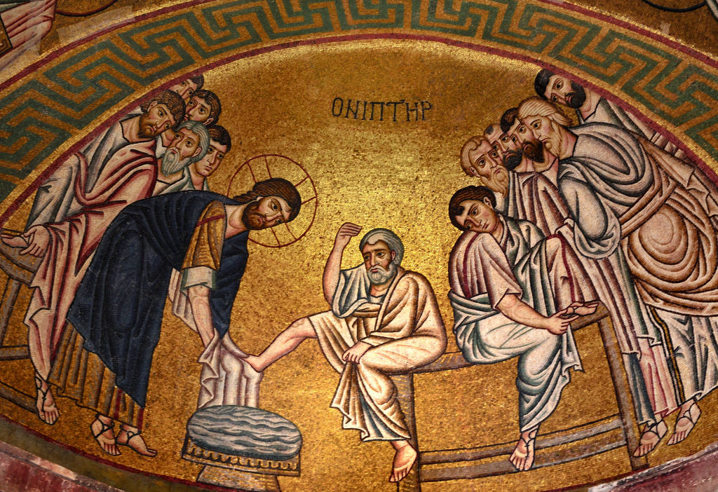Washing of the feet, mosaic in the Katholikon, Hosios Loukas monastery (UNESCO World Heritage List, 1990), Boeotia, Greece, 11th century. (DEA / ALBERT CEOLAN&mdash;De Agostini via Getty Images)