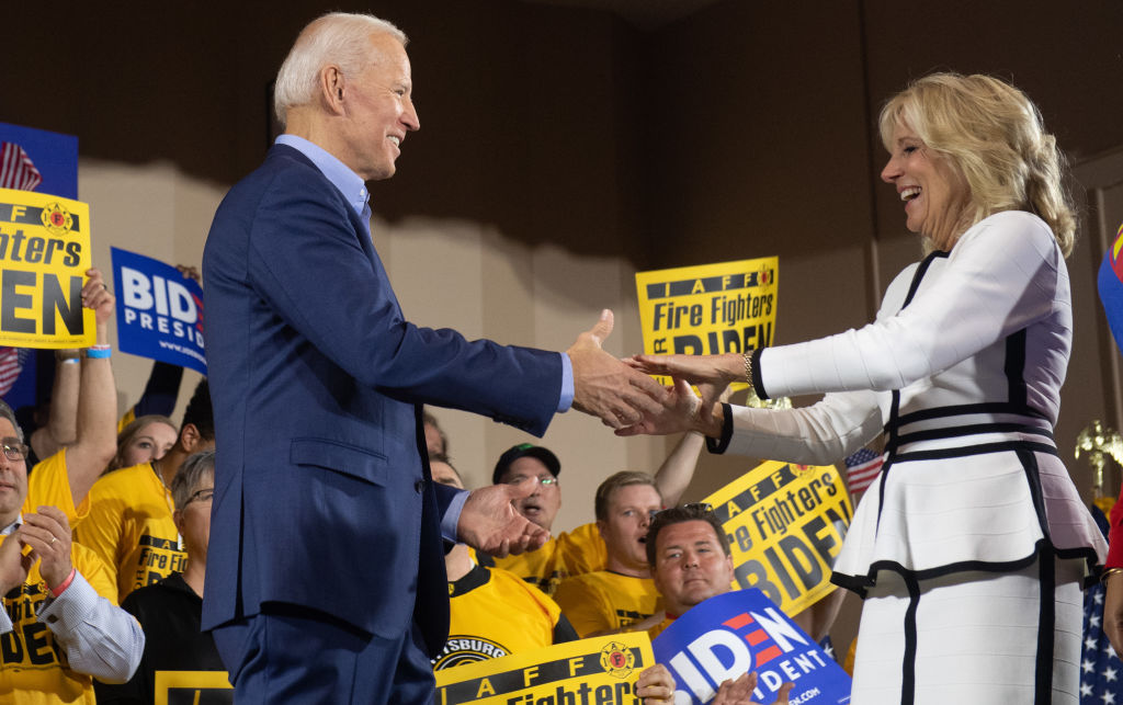 Former US vice president Joe Biden greet his wife Jill Biden during his first campaign event as a candidate for US President at Teamsters Local 249 in Pittsburgh, Pennsylvania, April 29, 2019. (SAUL LOEB&mdash;AFP/Getty Images)