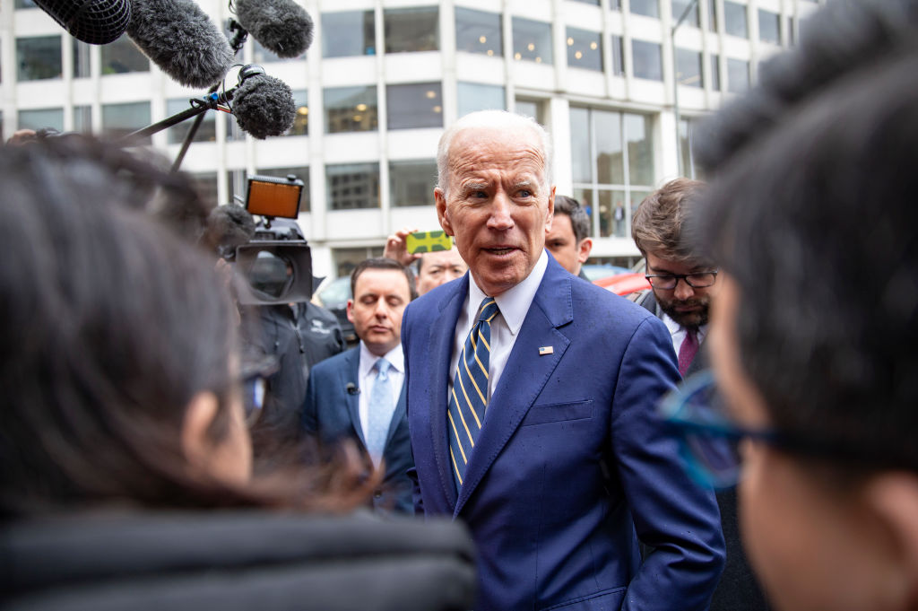 Former Vice President Joe Biden speaks to the media at the International Brotherhood of Electrical Workers Construction and Maintenance conference on April 05, 2019 in Washington, DC. (Tasos Katopodis&mdash;Getty Images)