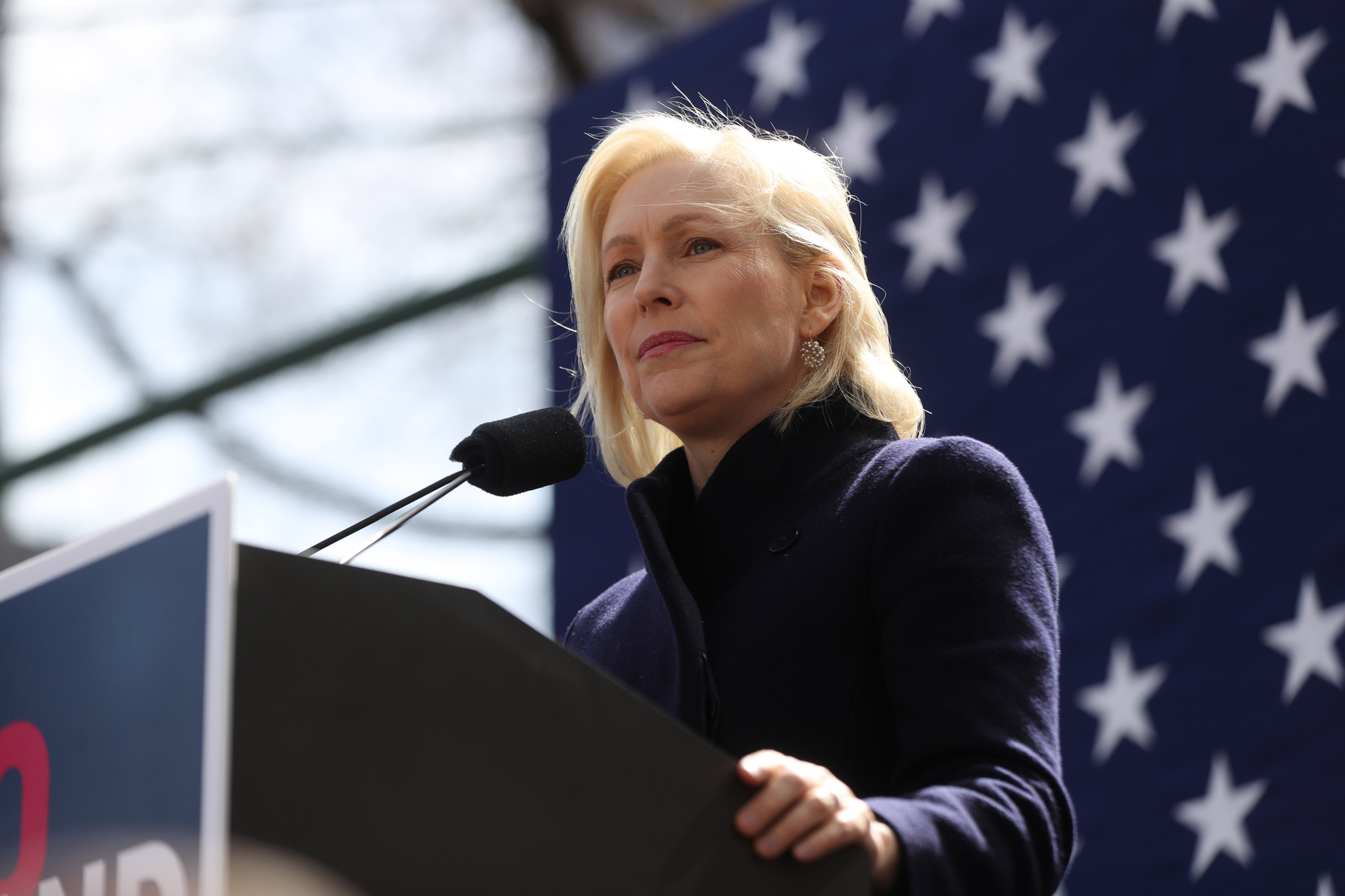 Democratic presidential candidate Sen. Kirsten Gillibrand speaks during a rally in front of Trump International Hotel in New York, United States on March 22, 2019. (Anadolu Agency—Getty Images)