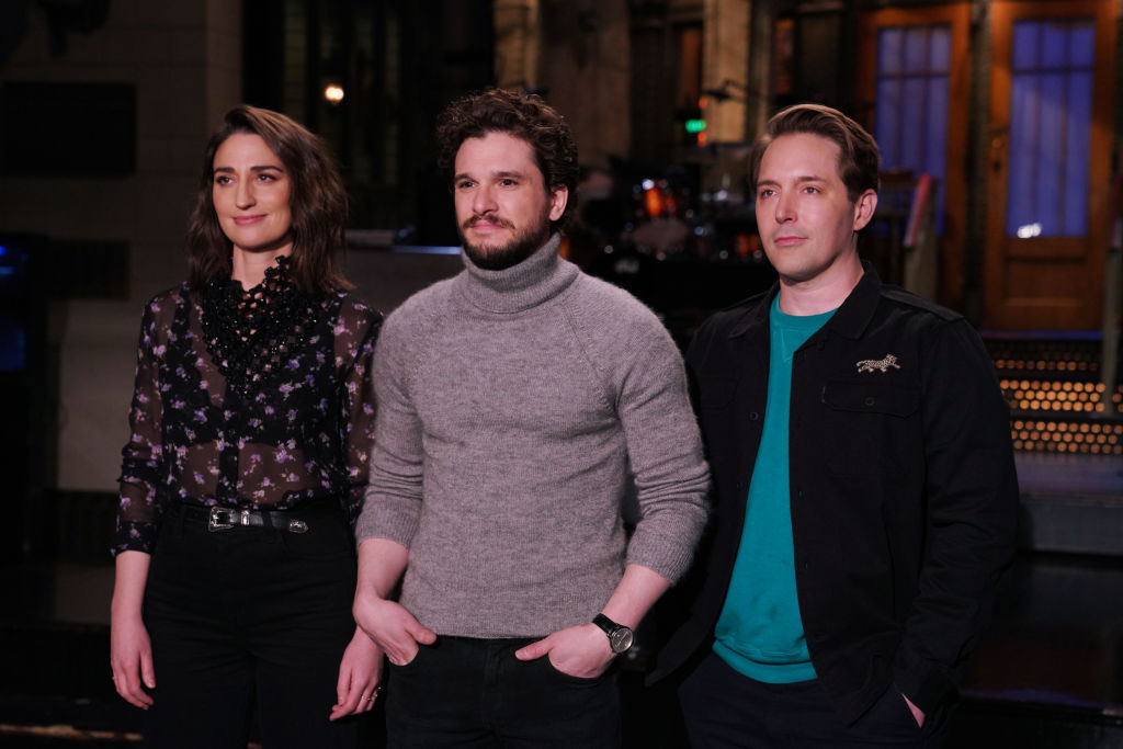 Musical guest Sara Bareilles (L), host Kit Harington (C), and cast member Beck Bennett (R) during "Saturday Night Live" promos in studio 8H on Thursday, April 4, 2019 (Rosalind O'Connor—NBC/NBCU Photo Bank/Getty Images)