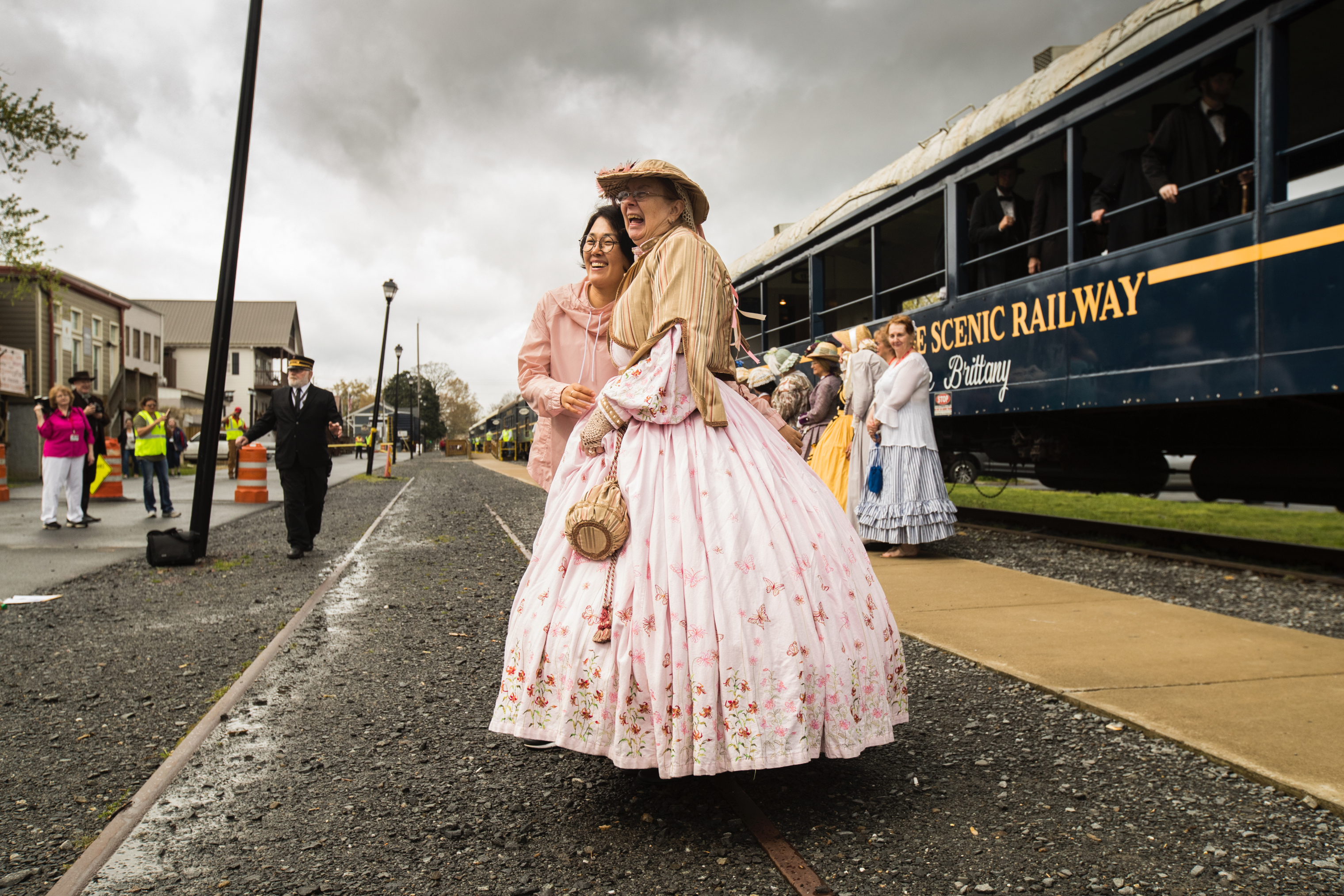 The Abes and Mary Lincolns attending the 25th annual Association of Lincoln Presenters conference take the train from Blue Ridge to McCaysville on April 12. Here, a Mary Lincoln poses for a photo. (Benjamin Norman for TIME)