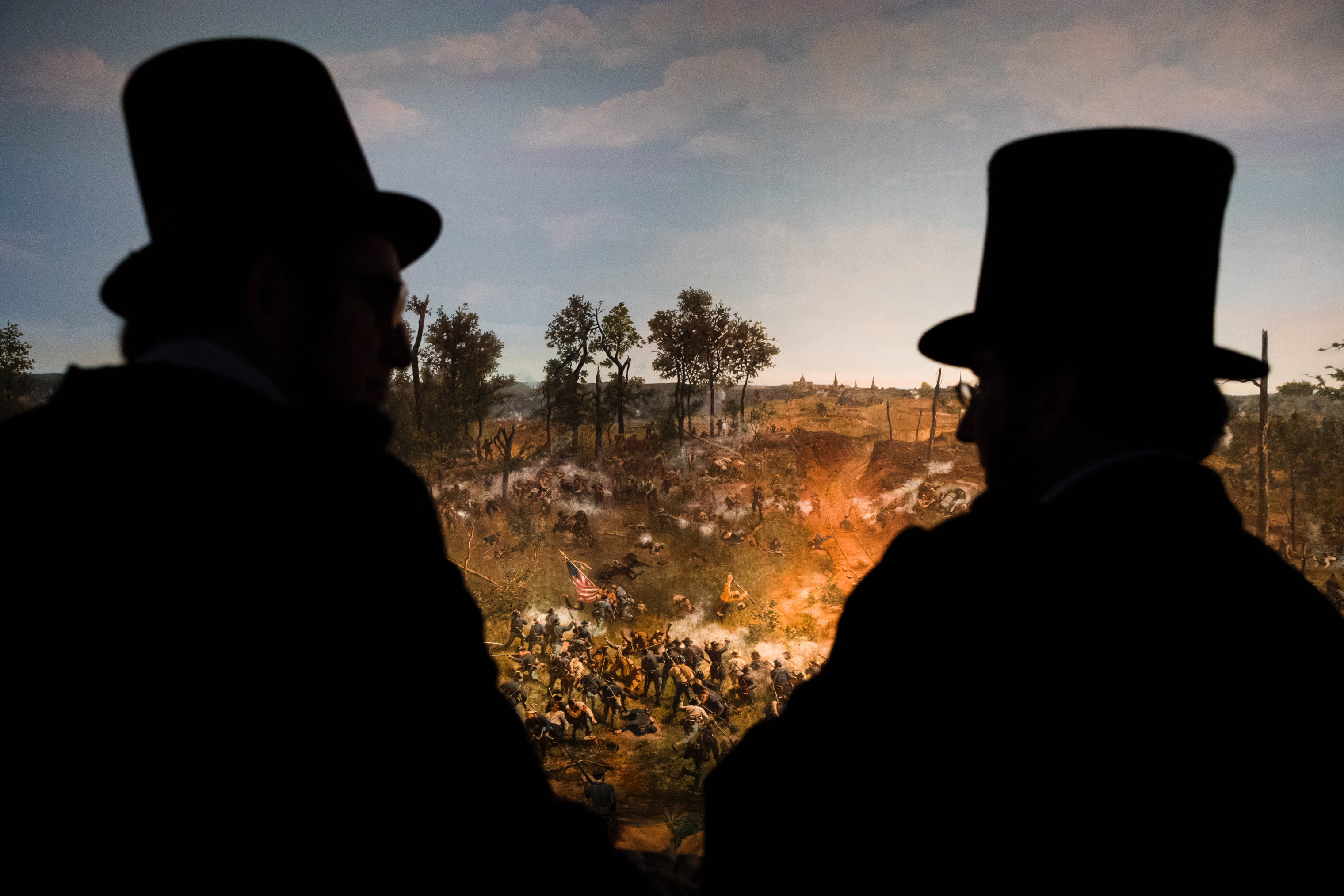 Several Abe Lincolns walk around the Atlanta History Center, where they viewed a restored cyclorama of the 1864 Battle of Atlanta, on April 13. (Benjamin Norman for TIME)