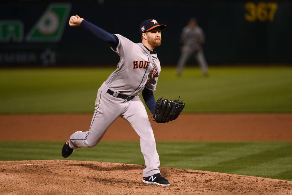Houston Astros starting pitcher Collin McHugh delivers during the Major League Baseball game between the Houston Astros and the Oakland Athletics at Oakland-Alameda County Coliseum on April 16, 2019 in Oakland, Calif. (Cody Glenn—Icon Sportswire/Getty Images)