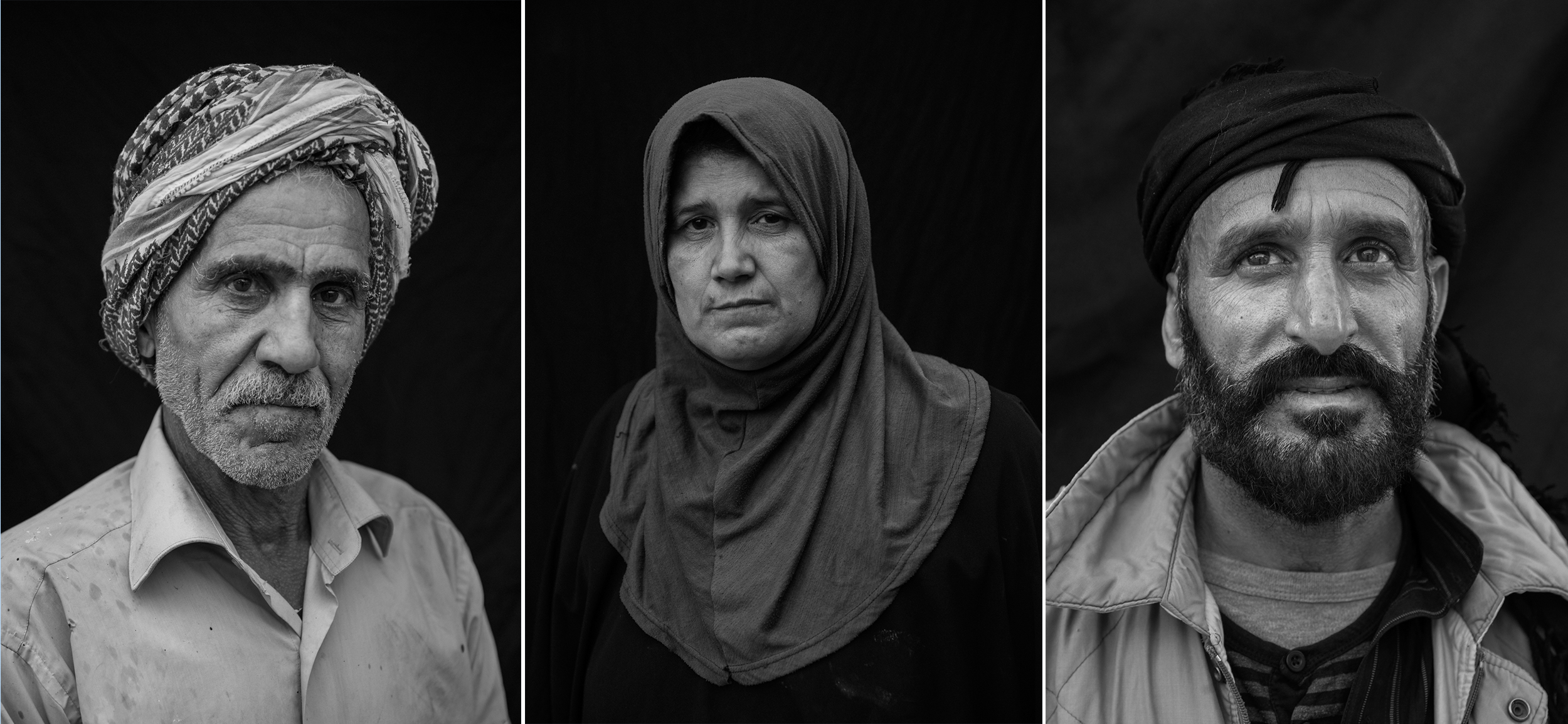 Left: Welder Hussein Ali Mohammed, 63. Four of his six children were killed in the battle against ISIS. Middle: Wafa Thanoon, 51, a religious teacher, who was injured by blasts on three different occasions. Right: Abdullah Hamud, 42, lives in an abandoned apartment with his family in Raqqa. Hamud fled to Raqqa six months ago to look for work after his home in Kasra was destroyed by an airstrike. (Victor J. Blue)