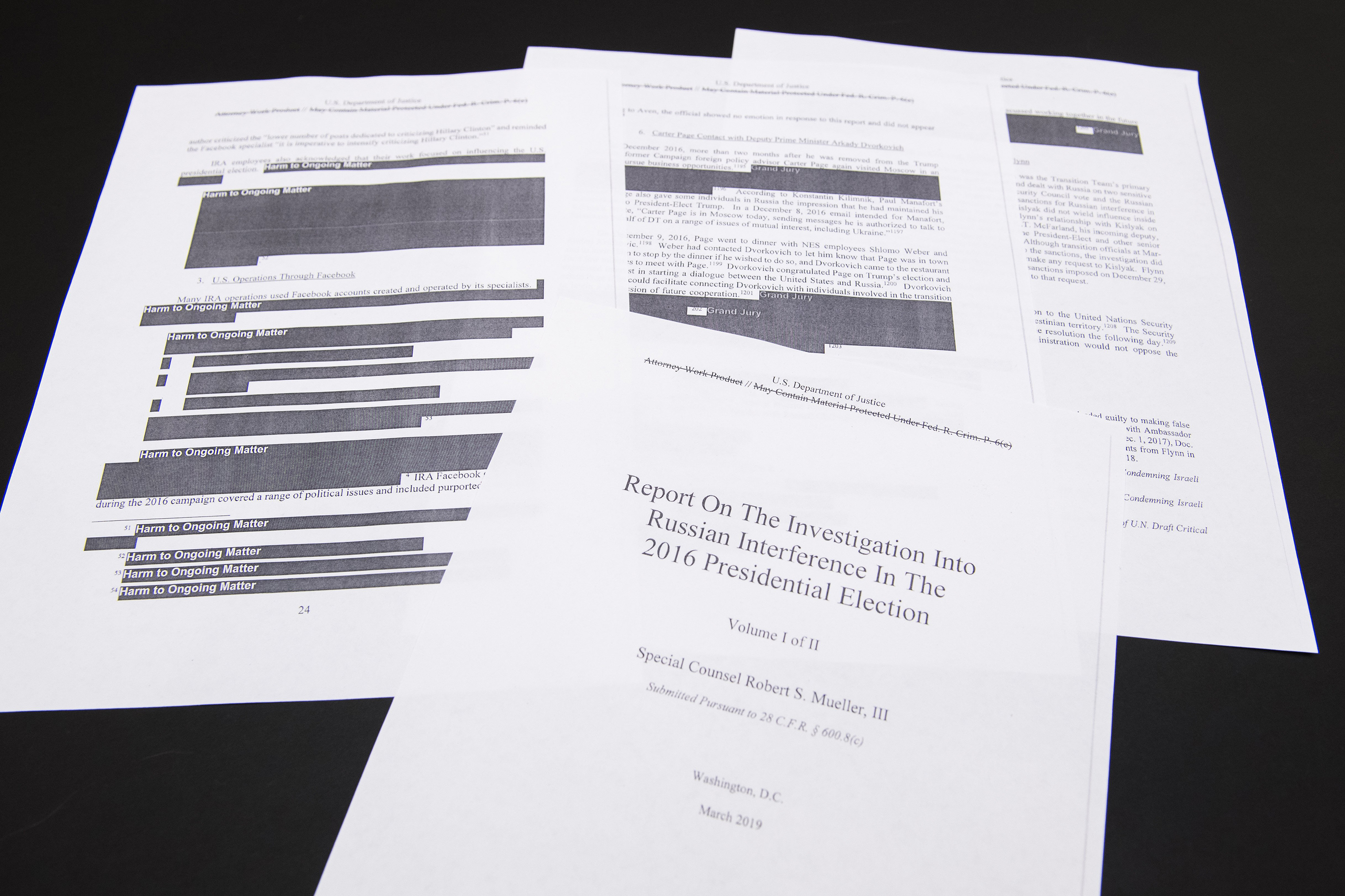 A few pages of special counsel Robert Mueller's report on Russian interference in the 2016 election. (Tom Williams—Newscom via ZUMA Press)