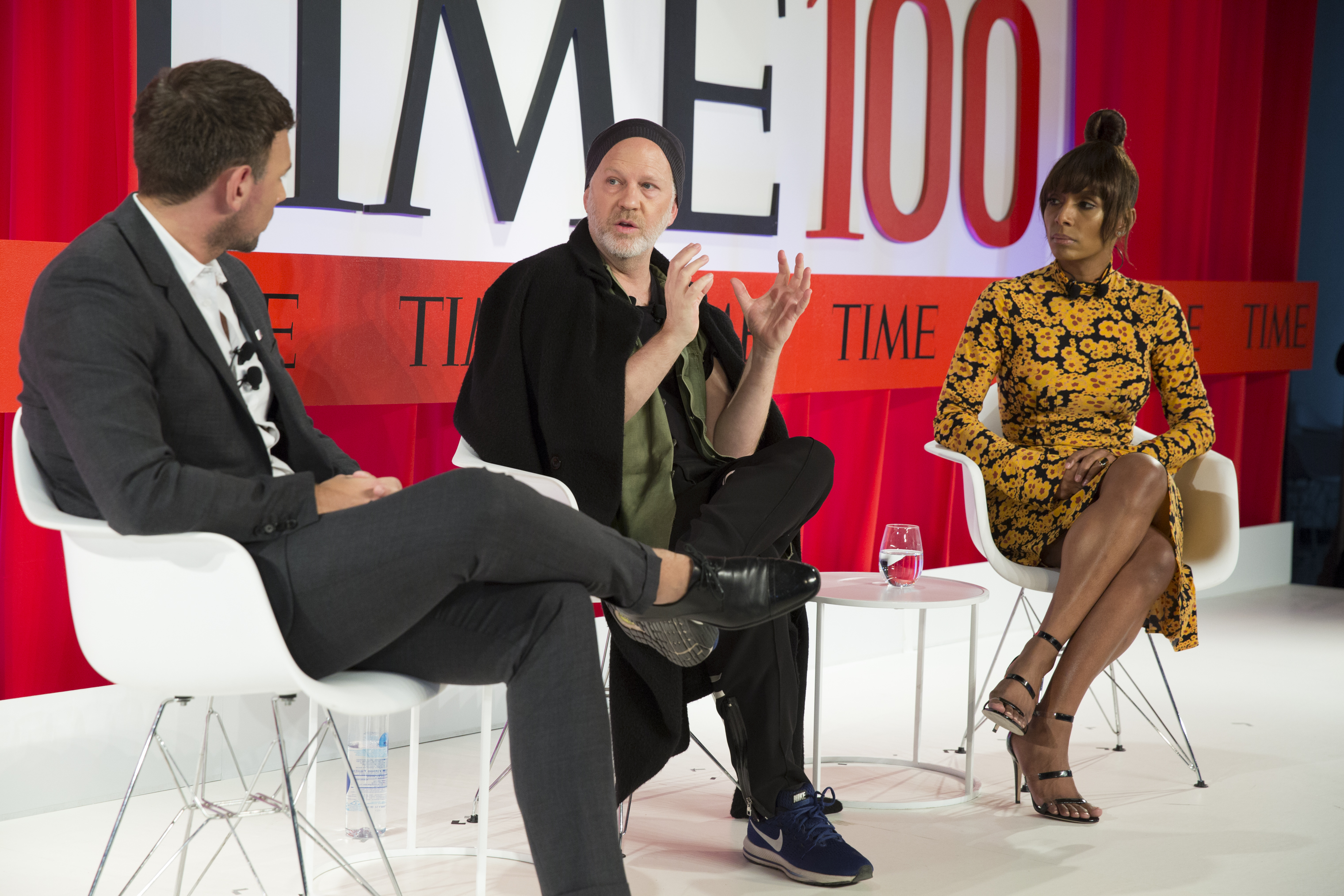 (L-R) Sam Lansky, Ryan Murphy and Janet Mock speak at a panel on Telling Stories That Matter at the TIME100 Summit in New York, on April 23, 2019.