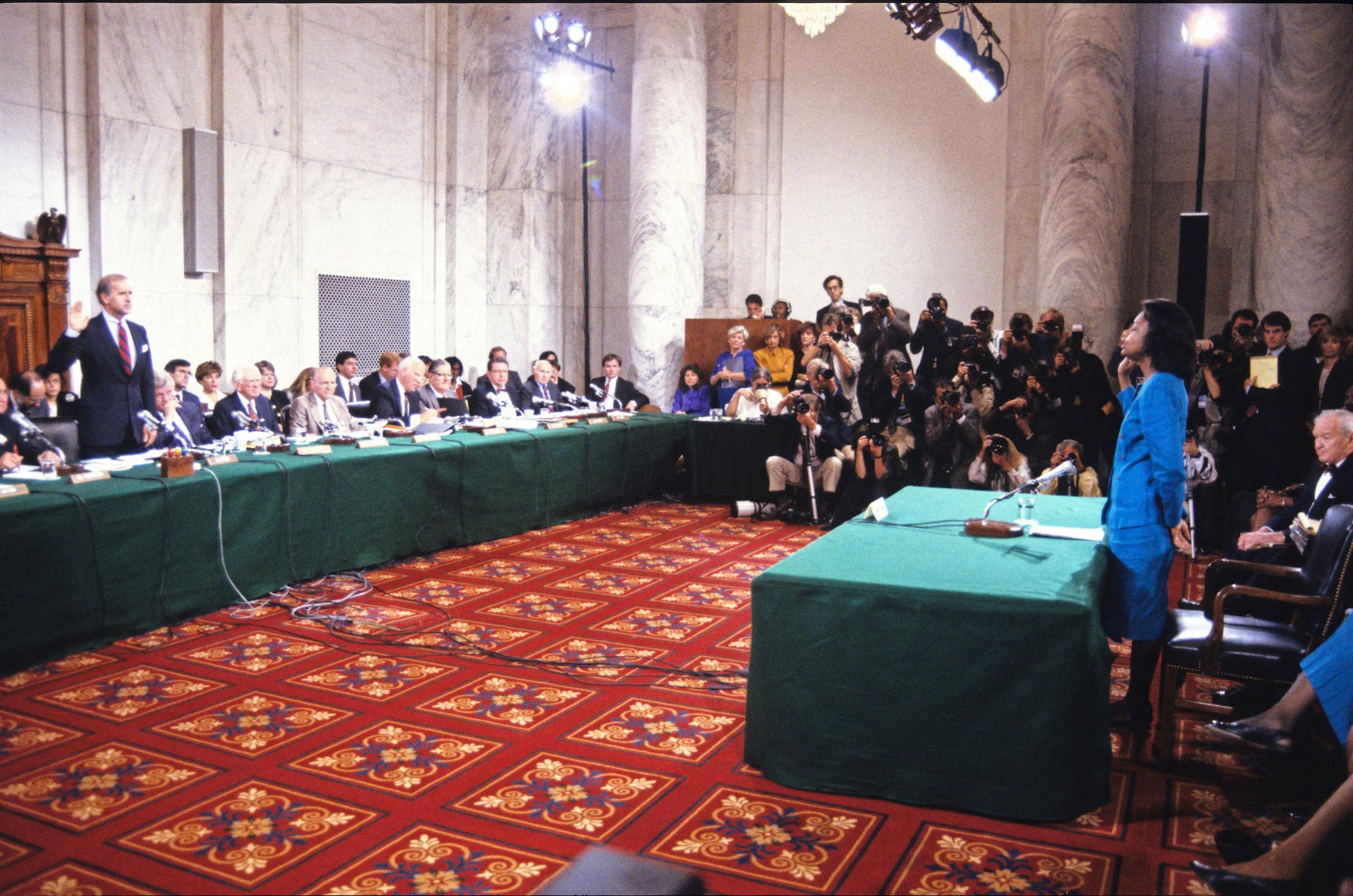 A presidential campaign would spotlight Biden’s record on gender issues, from the Anita Hill hearings in 1991 (pictured) to his introduction of the 1994 Violence Against Women Act, to his tactile tendencies, as in a 2012 campaign stop at a Seaman, Ohio, diner