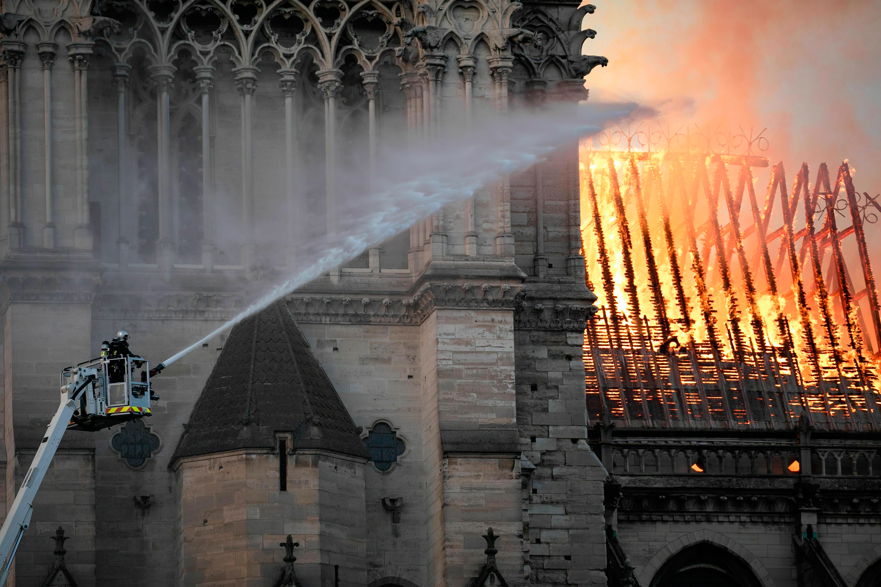 The Notre-Dame Cathedral in Paris on fire, April 15, 2019. (Romuald Meigneux—SIPA/AP)