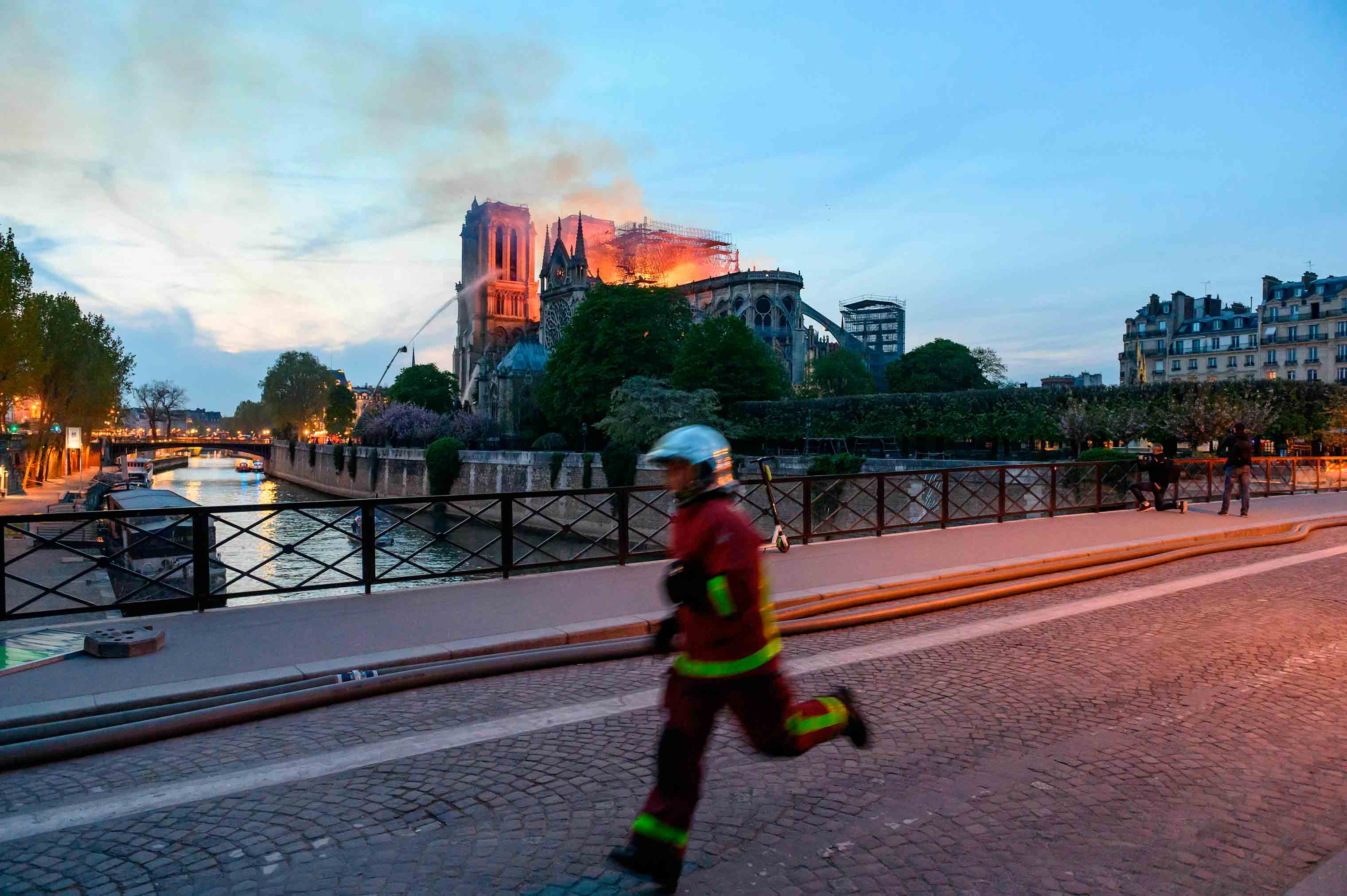 The Cathedral of Notre-Dame Cathedral on fire, Paris, April 15, 2019. (Jacques Witt—SIPA/AP)