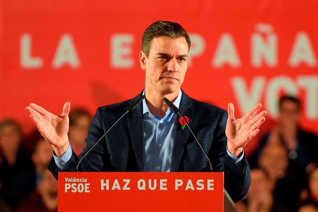Spanish Prime Minister and Spanish Socialist Party (PSOE) candidate for prime minister Pedro Sanchez addresses supporters during the last campaign rally in Valencia on April 26, 2019 ahead of the April 28 general election. (JOSE JORDAN&mdash;AFP/Getty Images)