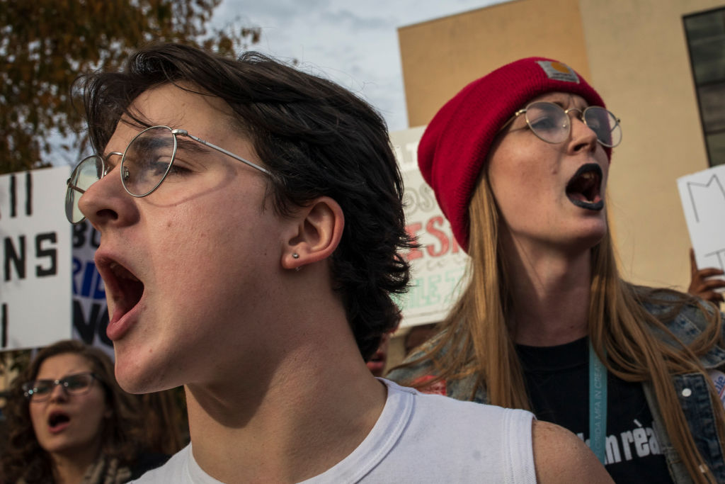 Protesters, including students from University of Tennessee at Chattanooga, rally outside of an arena where President Donald Trump rallied in support of Republican Senate candidate Rep. Marsha Blackburn in Chattanooga, Tennessee on Nov. 4, 2018. (Drew Angerer&mdash;Getty Images)
