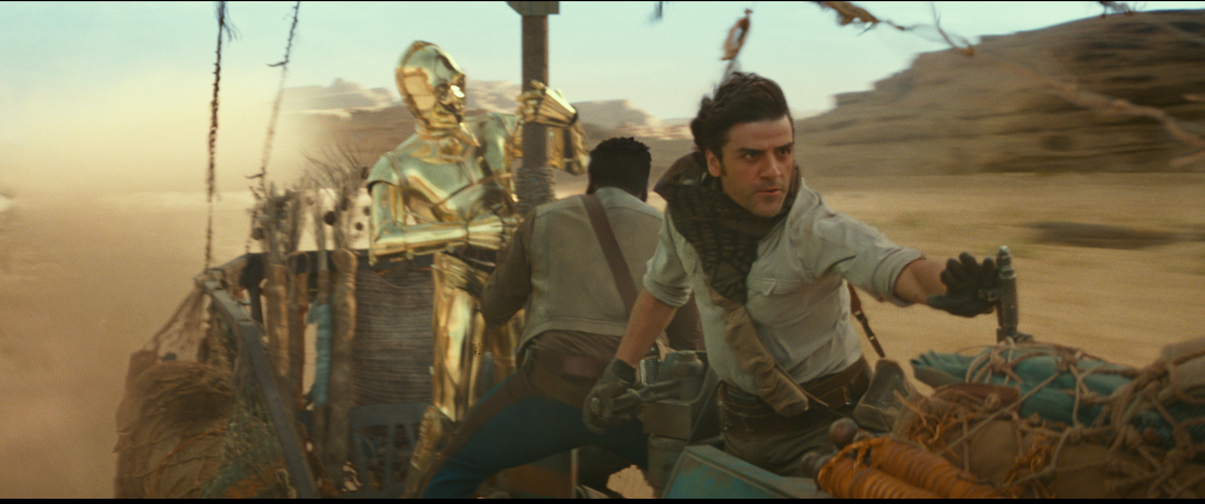 C3PO (Anthony Daniels), Finn (John Boyega) and Poe Dameron (Oscar Isaac) in STAR WARS:  EPISODE IX. (Lucasfilm Ltd.)