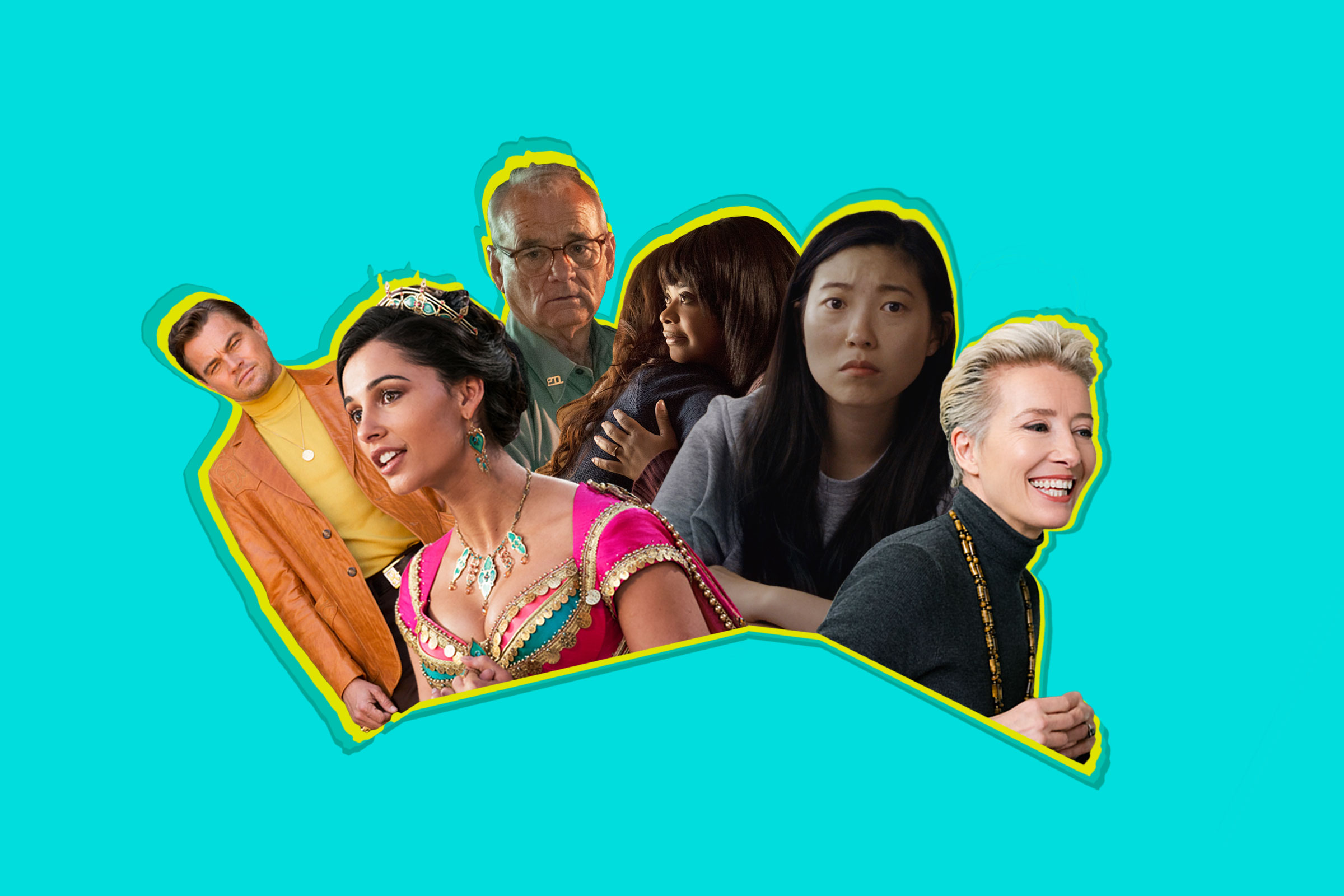 From left to right: Leonardo DiCaprio in <i>Once Upon a Time in Hollywood</i>; Naomi Scott in <i>Aladdin</i>; Bill Murray in <i>The Dead Don't Die</i>; Octavia Spencer in <i>Ma</i>; Awkwafina in <i>The Farewell</i>; Emma Thompson in <i>Late Night</i>. (Sony Pictures; Disney; Focus Features; Universal Studios; A24; Amazon Studios)