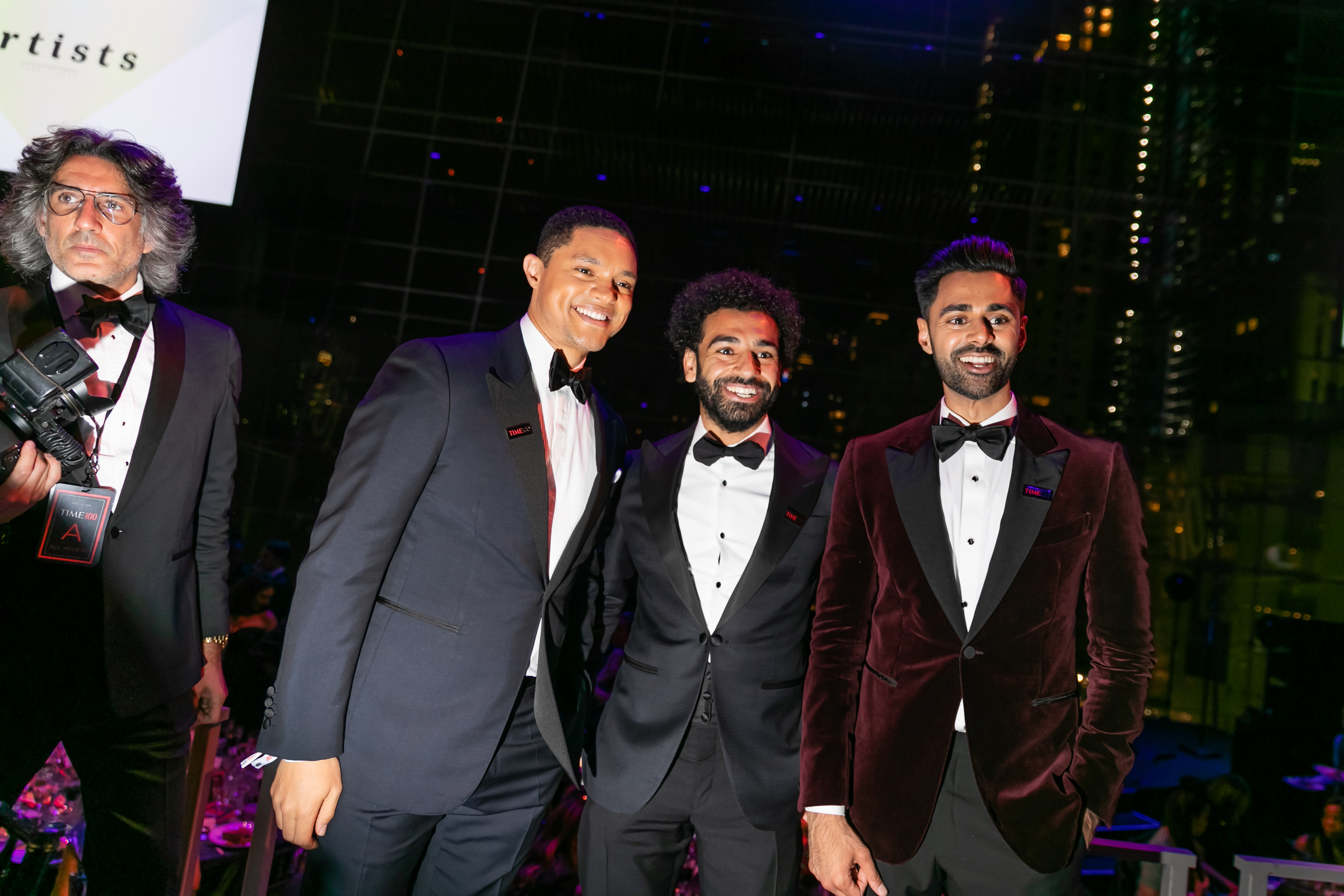 Trevor Noah, Mohamed Salah and Hasan Minaj at the Time 100 Gala at Jazz at Lincoln Center in New York City on April 23, 2019. (Kevin Tachman for TIME)